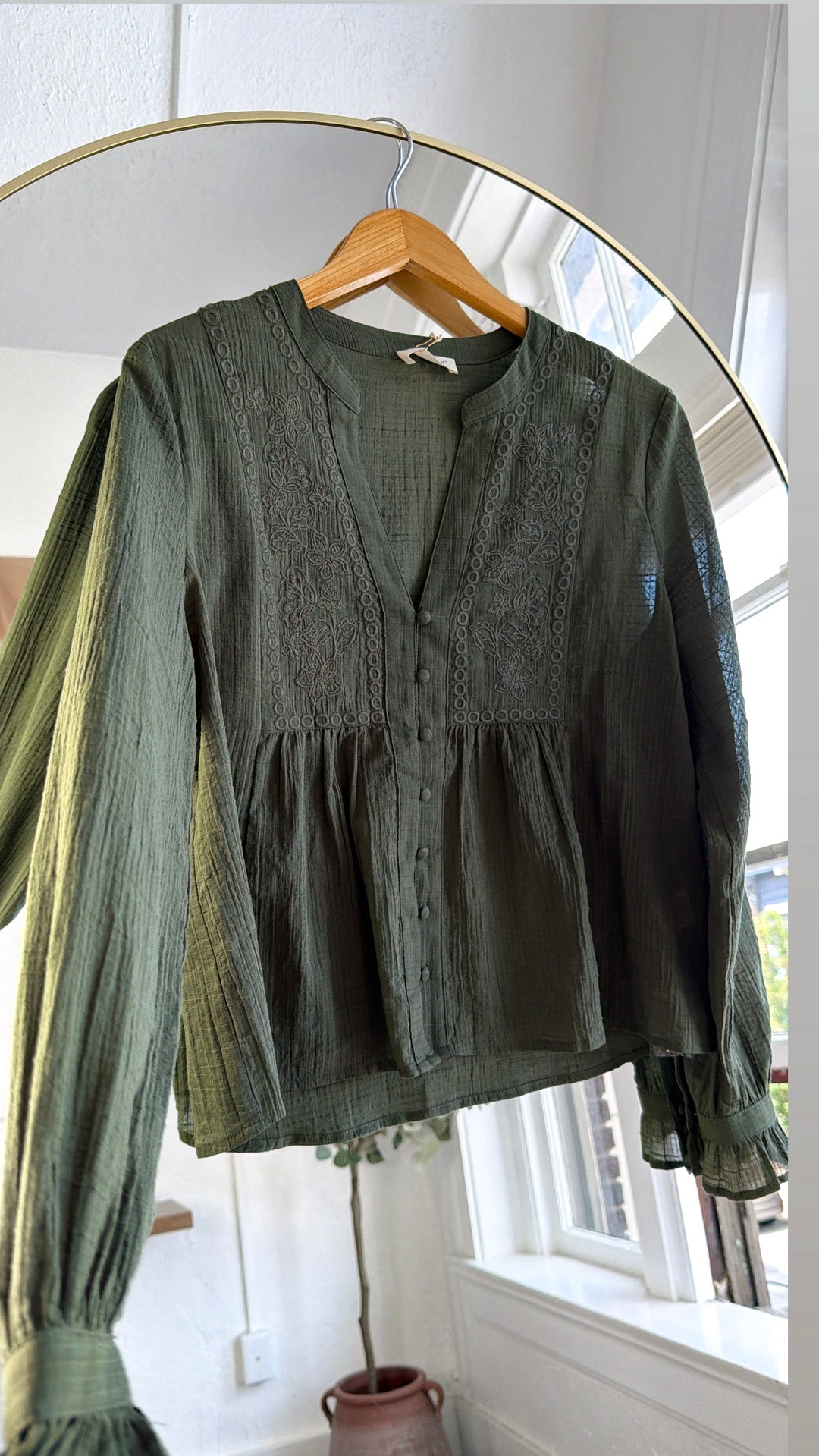 Embroidered Button Down Blouse, Olive