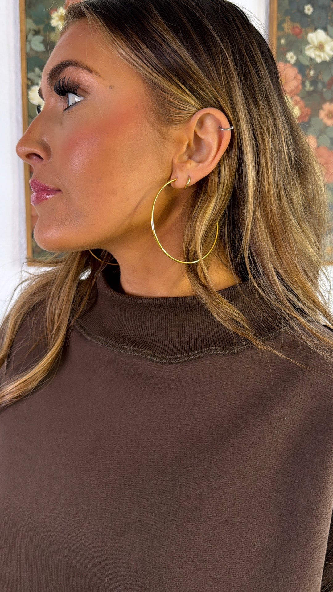 Solid Brown Mock Neck Sweatshirt, Brown