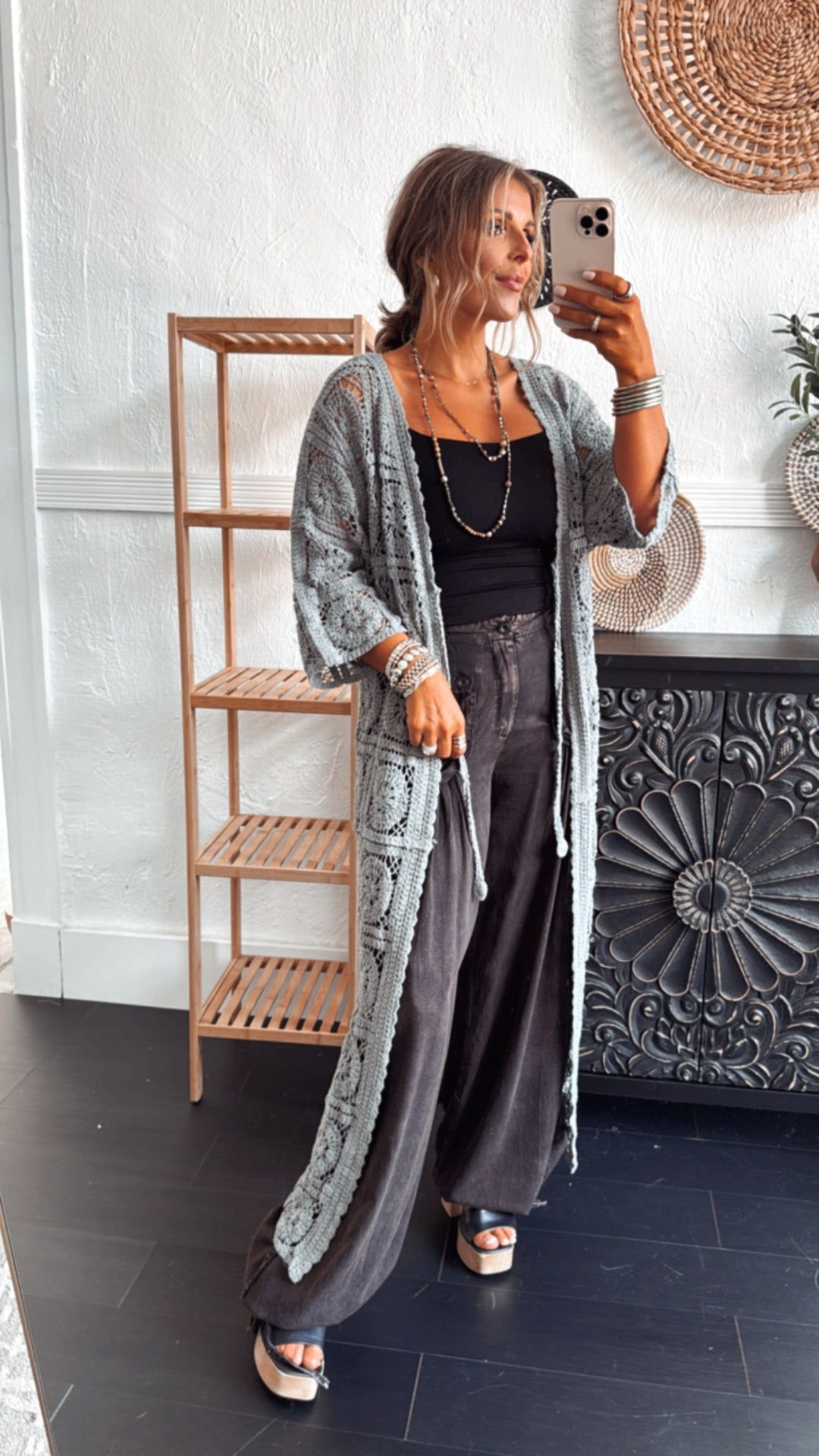 Something Light Crochet Tie Cardigan, Stone Grey