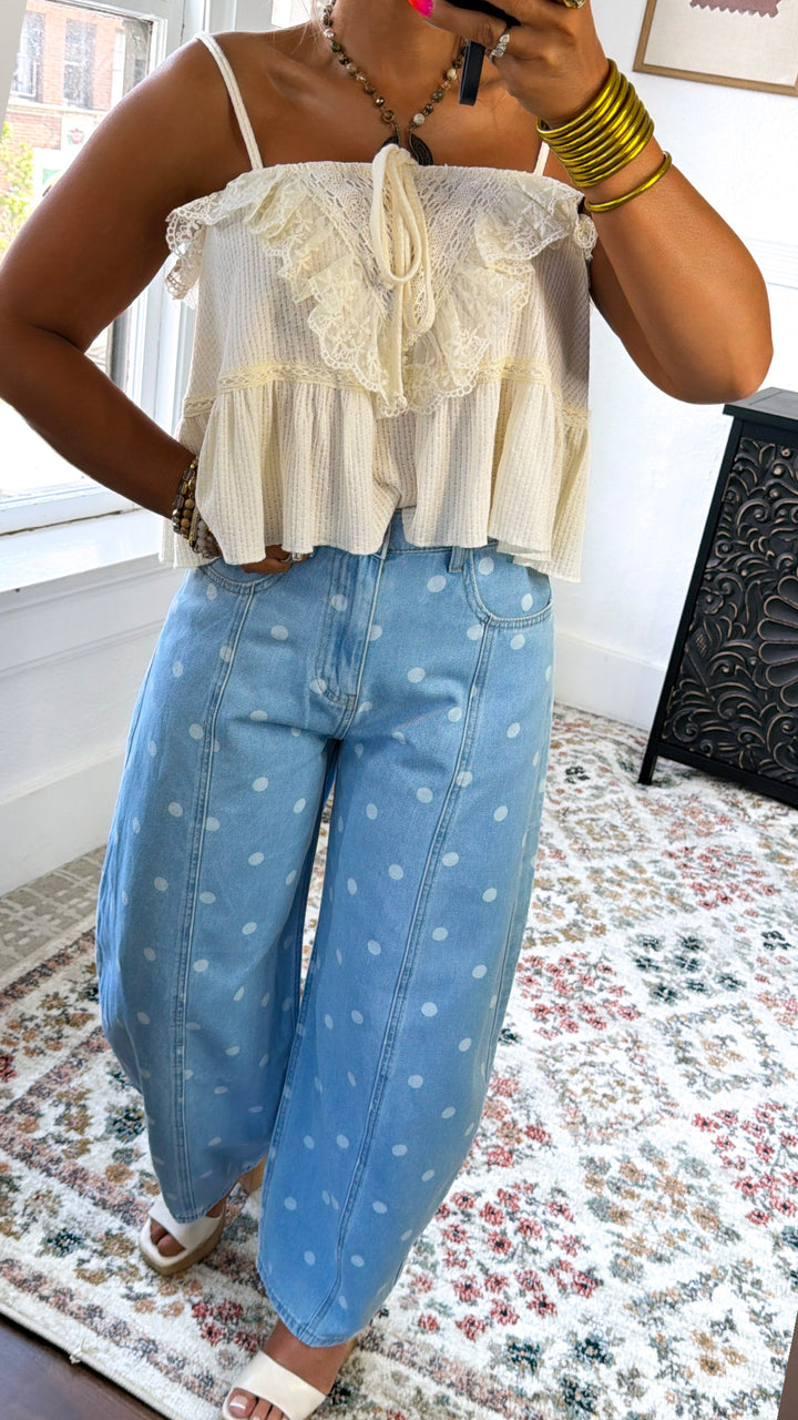 Washed Polka Dot Barrel Jeans, Lt. Denim