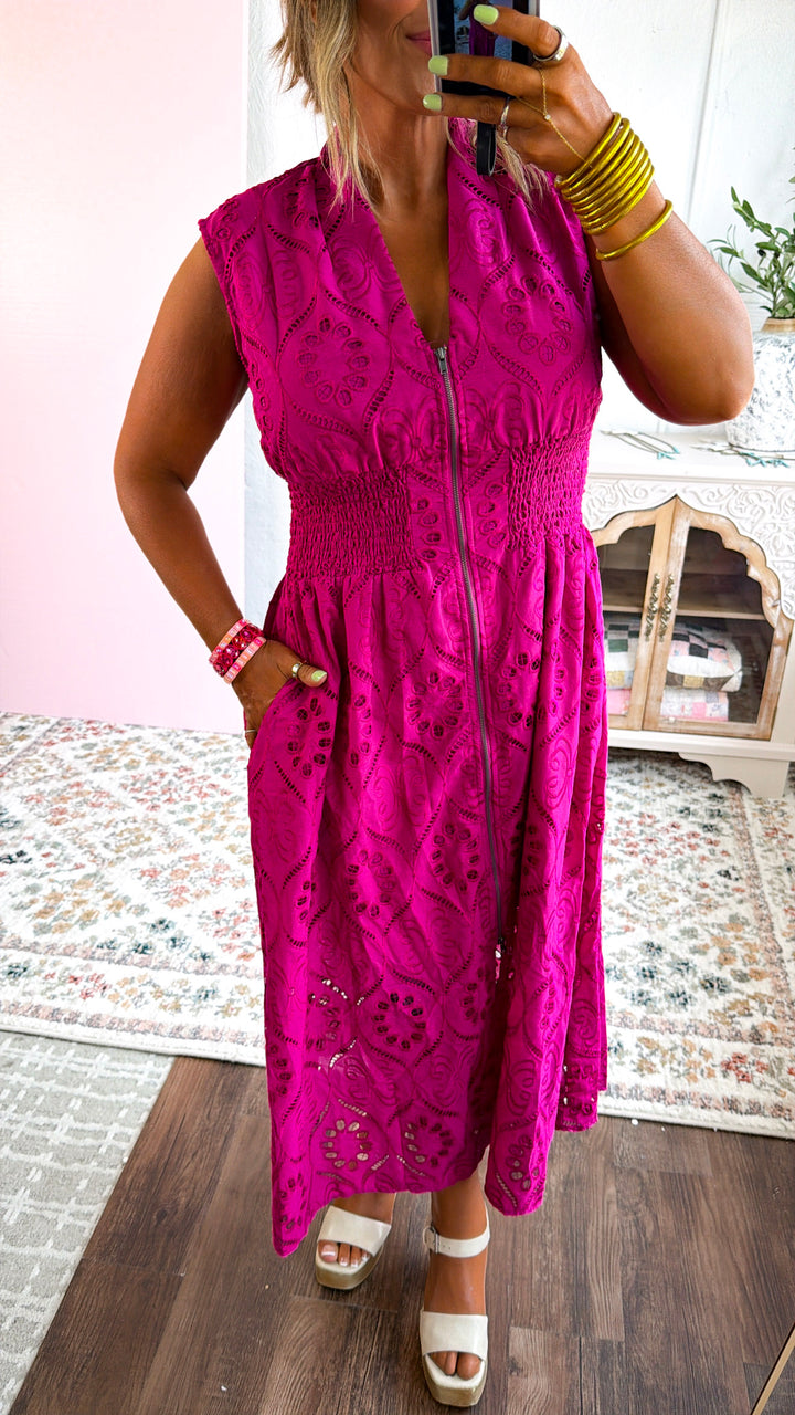 Eyelet Zip Up Dress, Magenta
