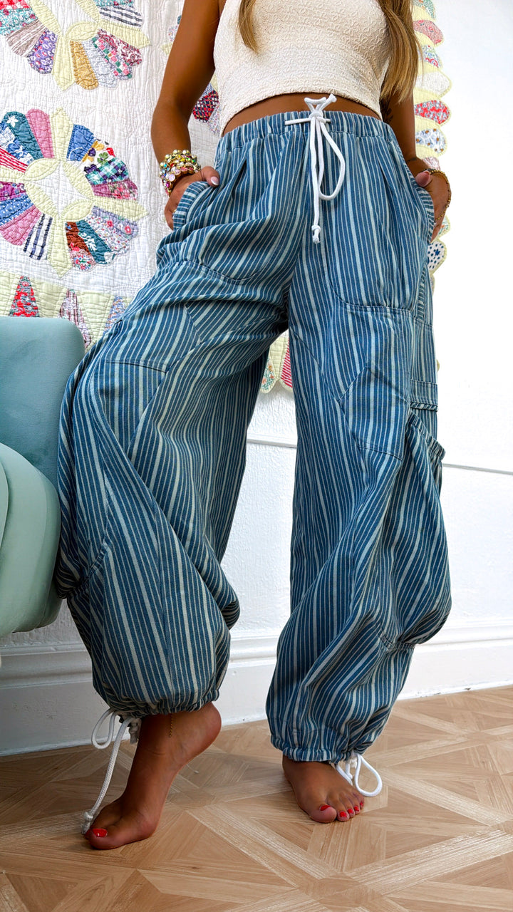 Denim Stripe Parachute Pants, Lt. Denim