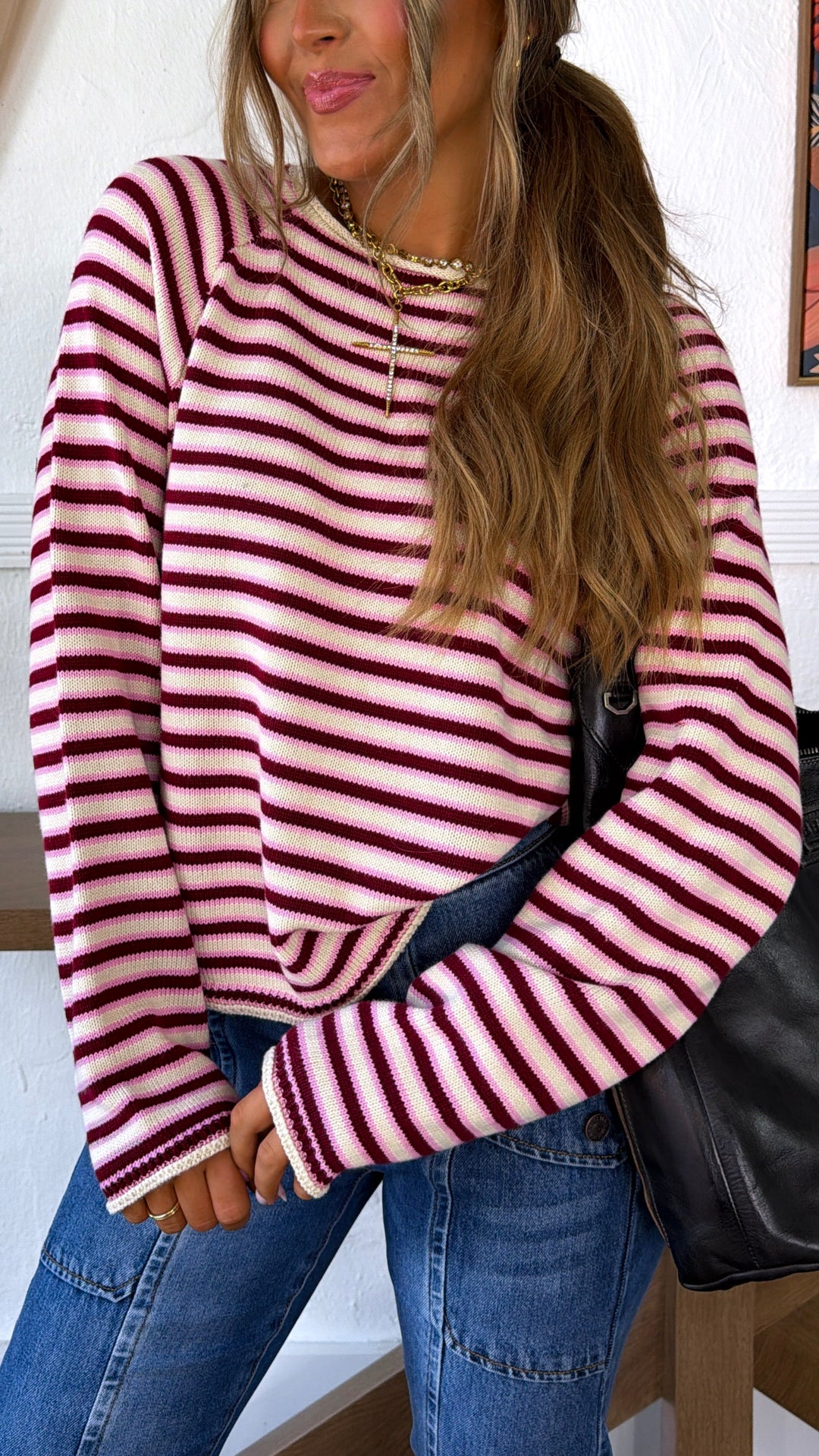 Dakota Stripe Sweater, Burgundy/Pink