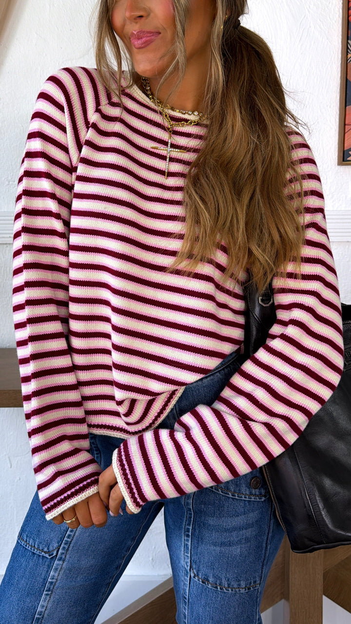 Dakota Stripe Sweater, Burgundy/Pink