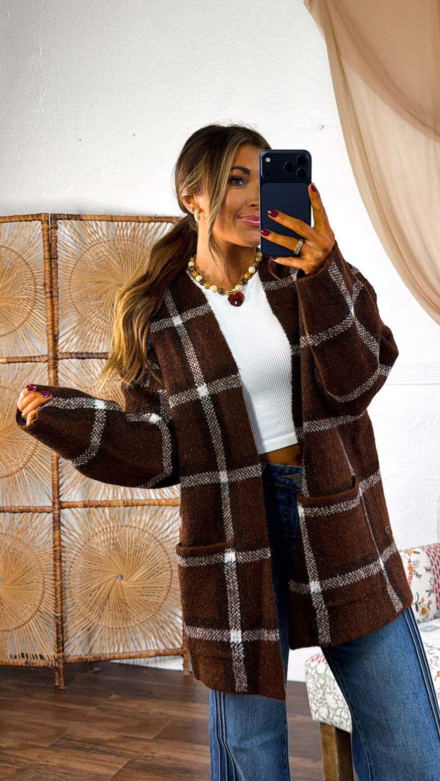 Flannel Print Cardigan, Brown Multi