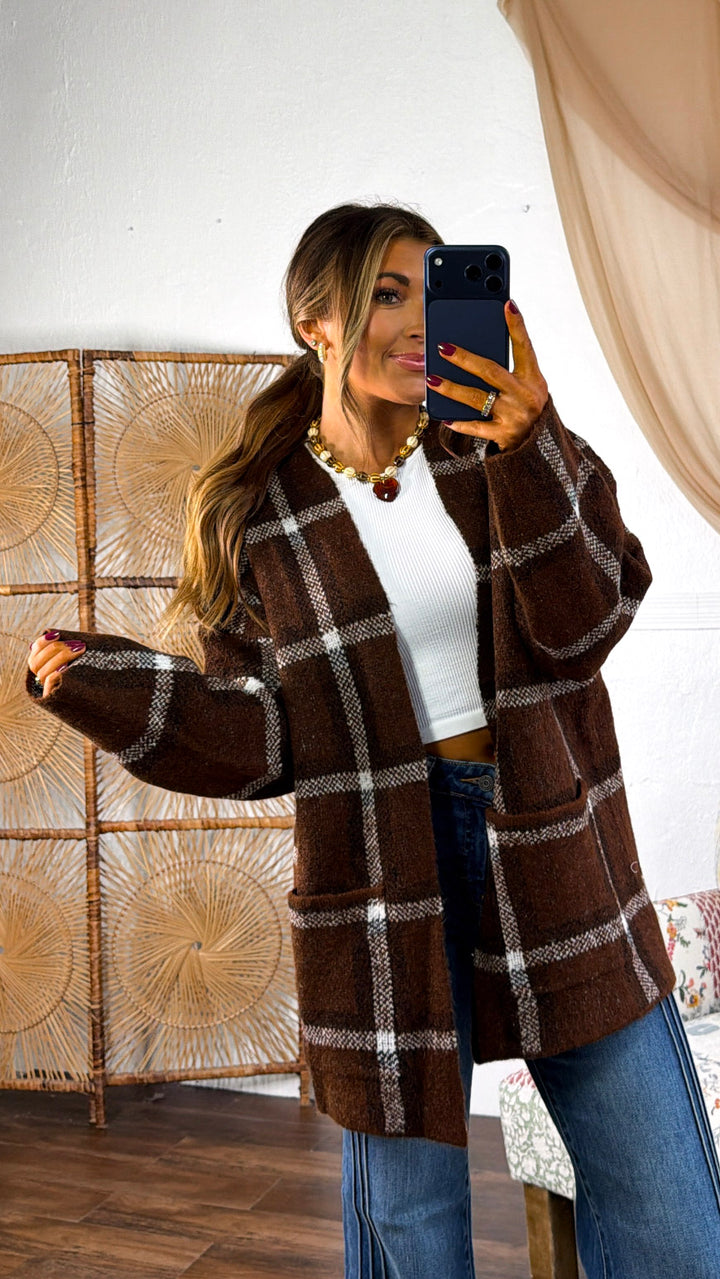 Flannel Print Cardigan, Brown Multi