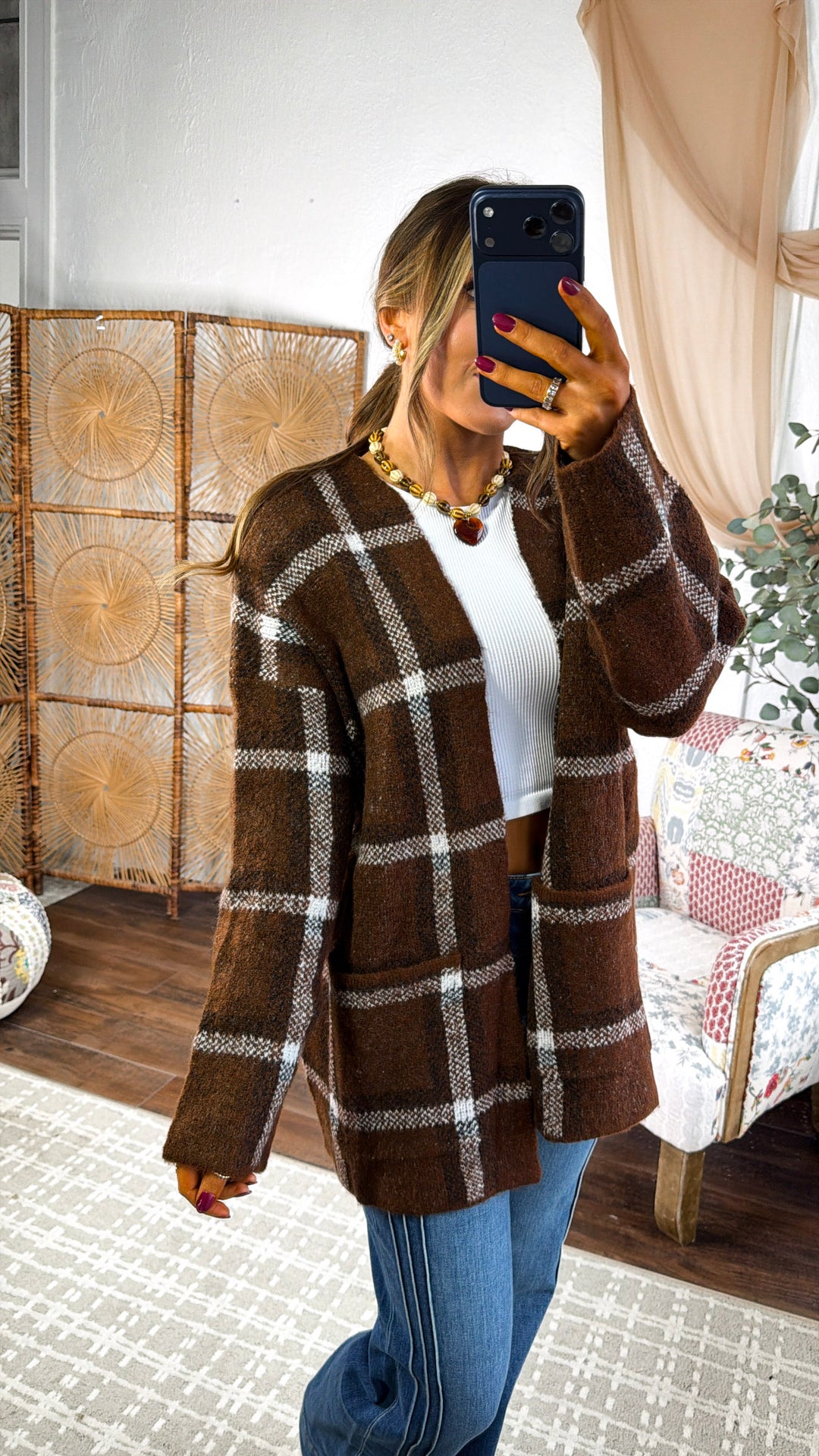 Flannel Print Cardigan, Brown Multi