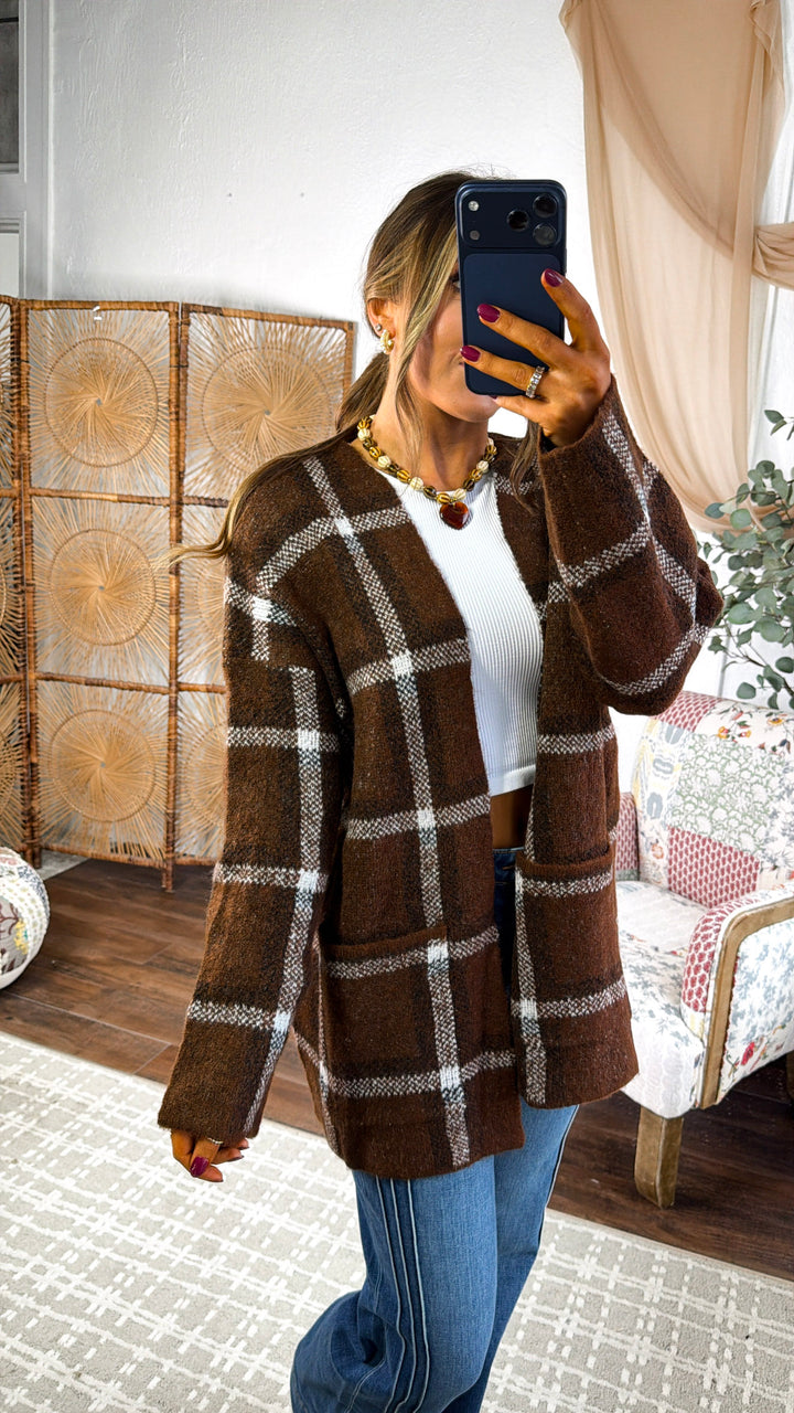 Flannel Print Cardigan, Brown Multi