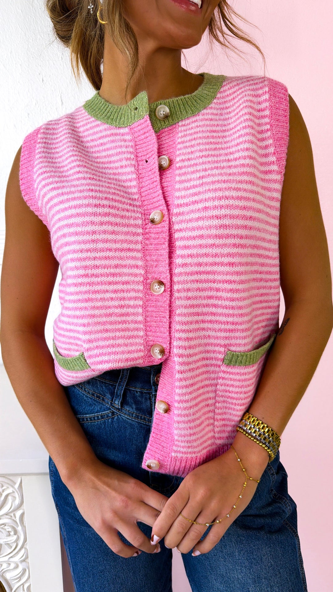 Pink Sugar Knit Sweater Tank, Pink/ Blush/ Lime