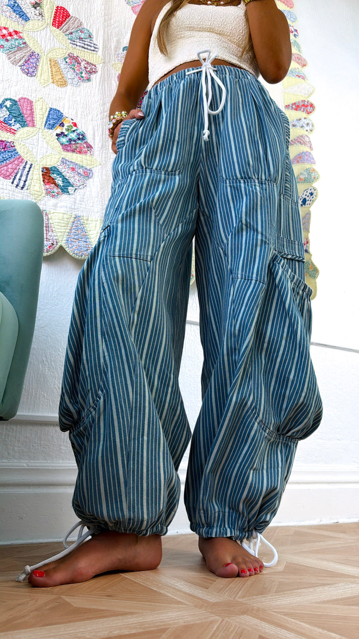Denim Stripe Parachute Pants, Lt. Denim