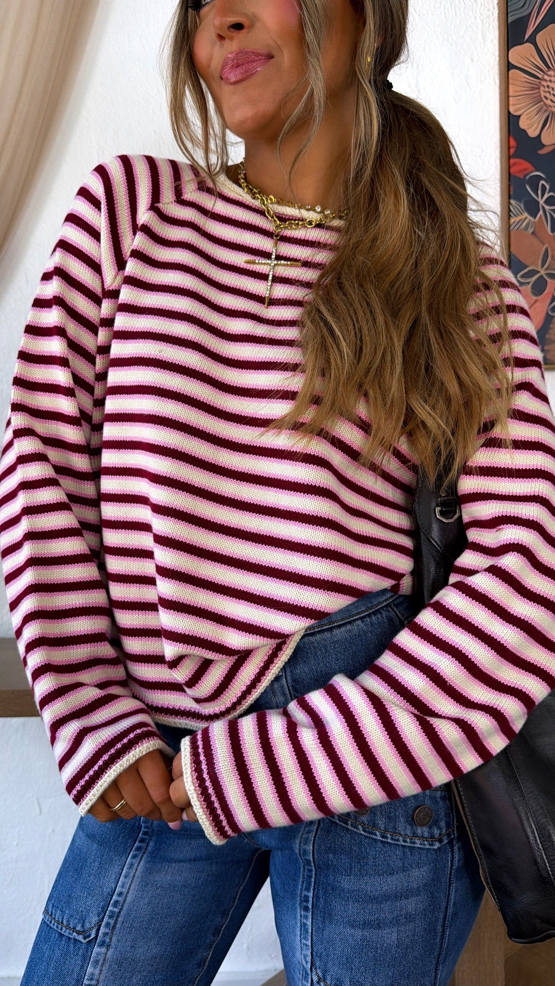 Dakota Stripe Sweater, Burgundy/Pink