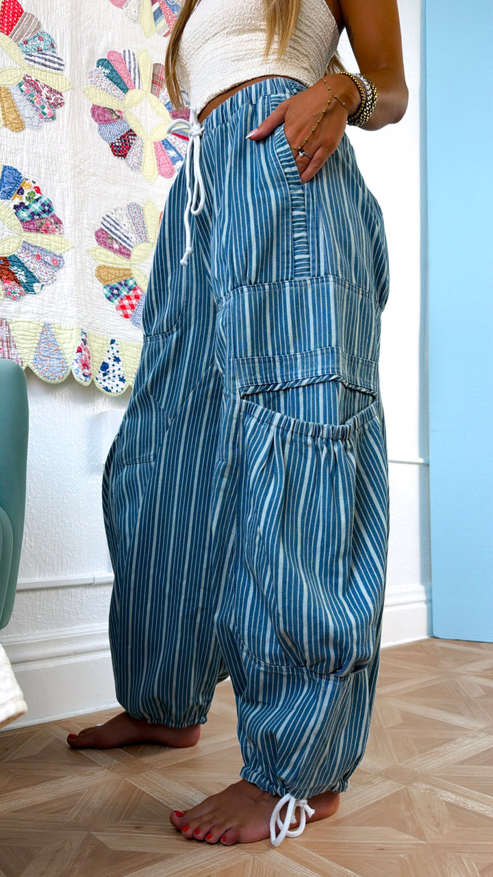 Denim Stripe Parachute Pants, Lt. Denim