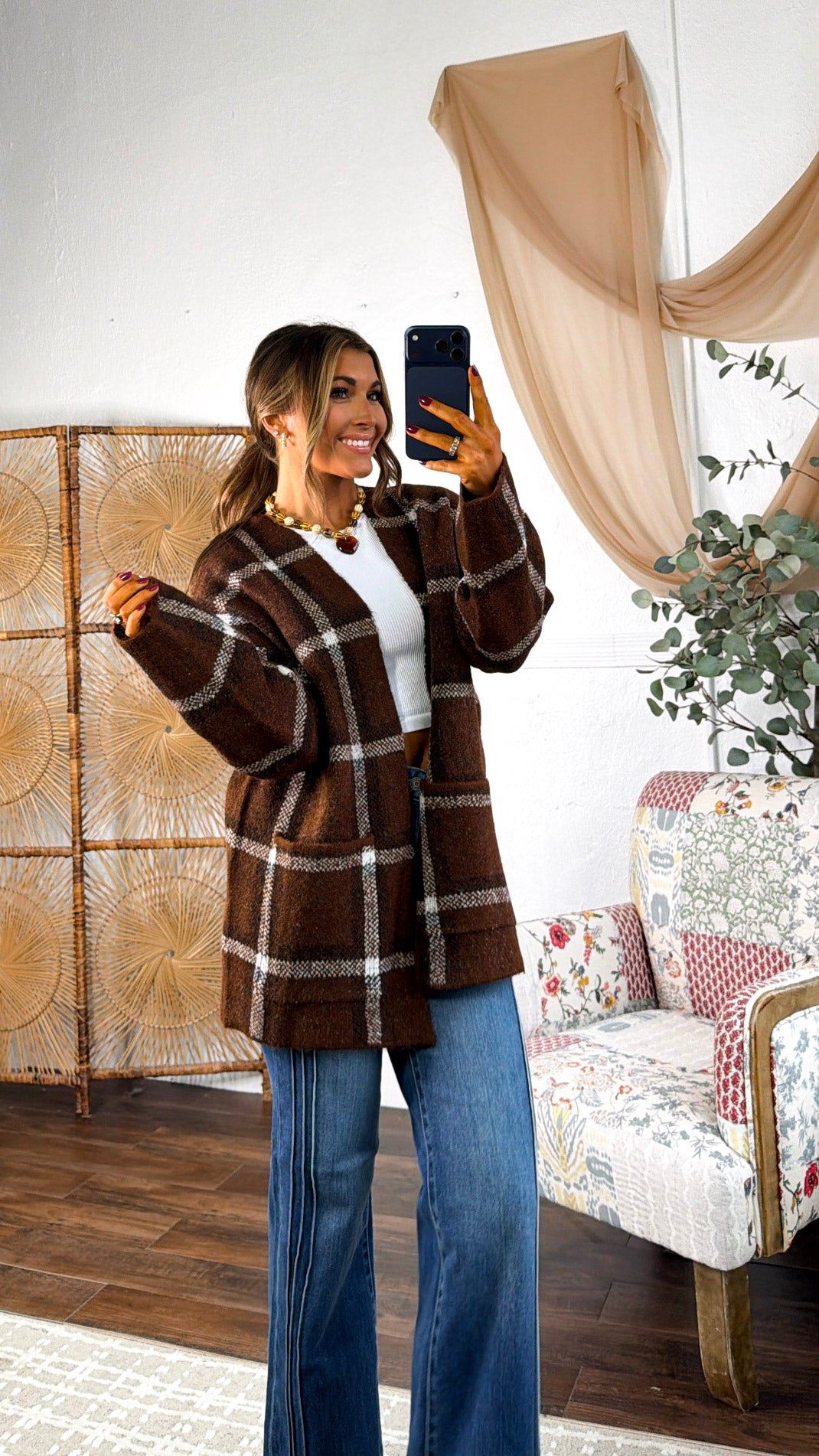 Flannel Print Cardigan, Brown Multi