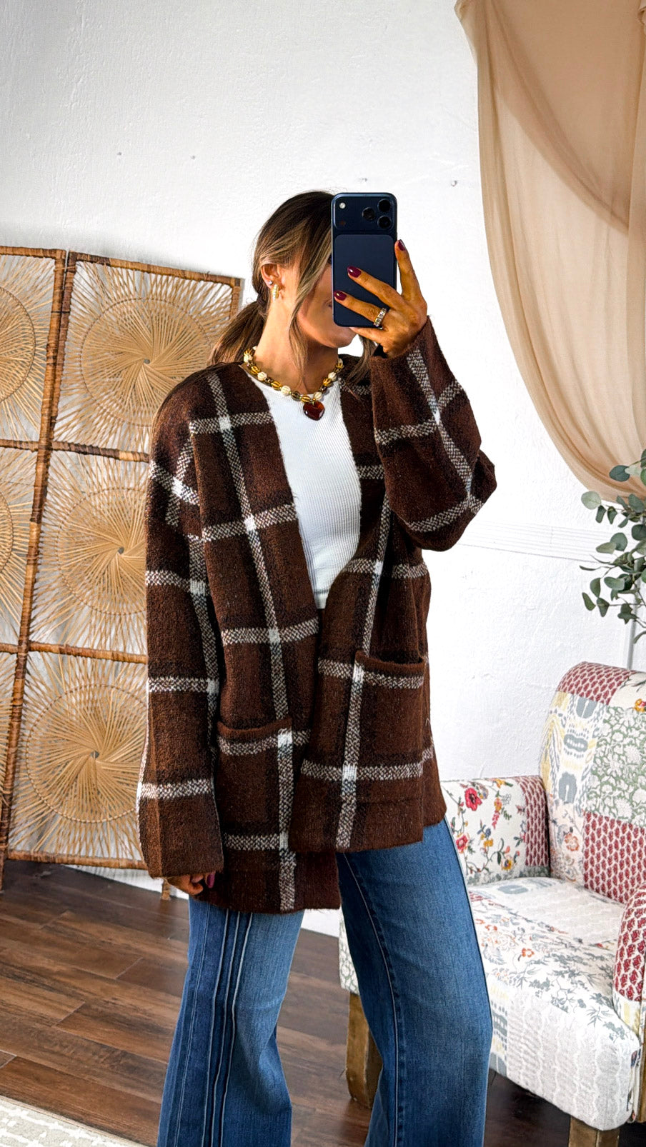 Flannel Print Cardigan, Brown Multi