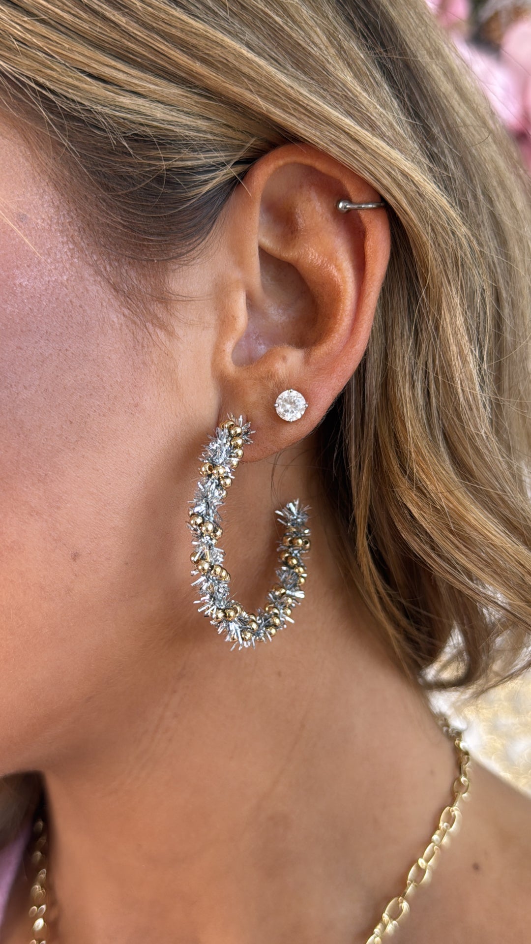 Holiday Tinsel Wrapped Hoop, Silver