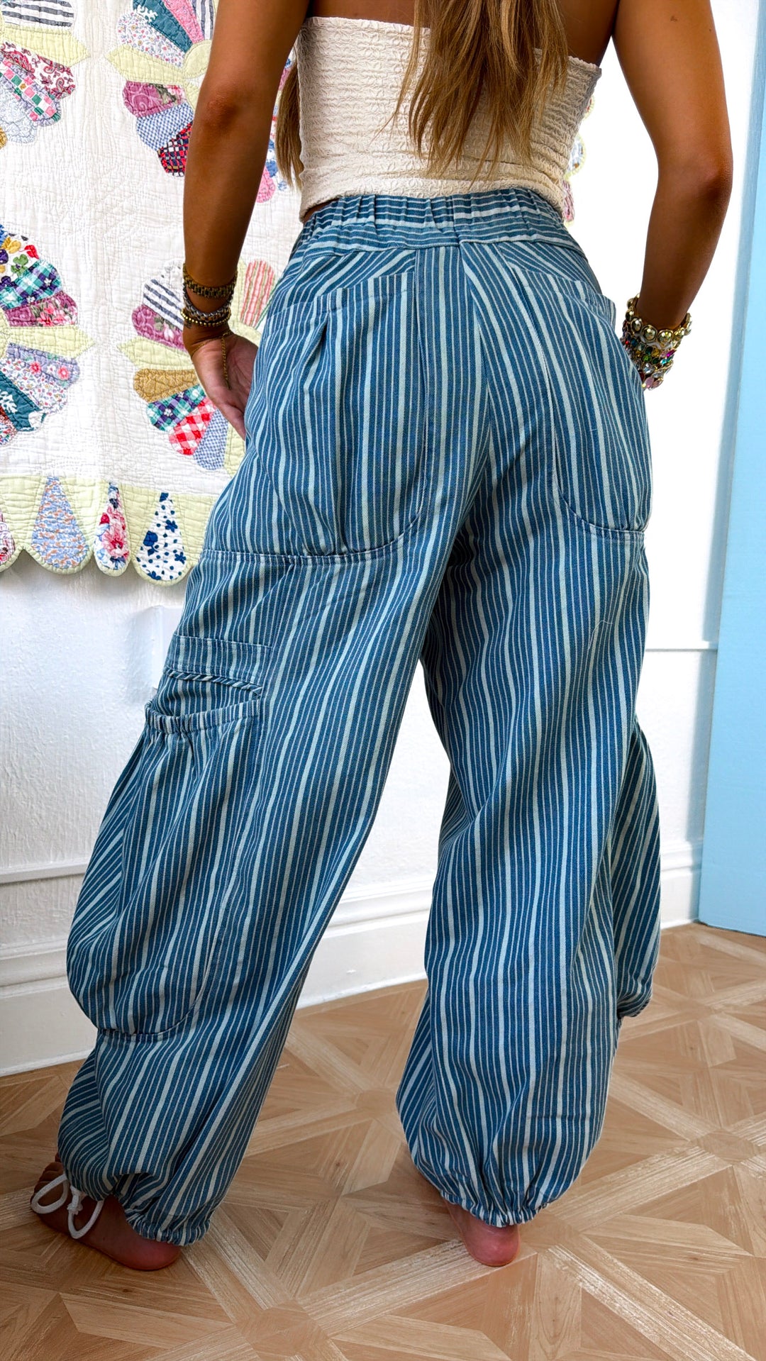 Denim Stripe Parachute Pants, Lt. Denim
