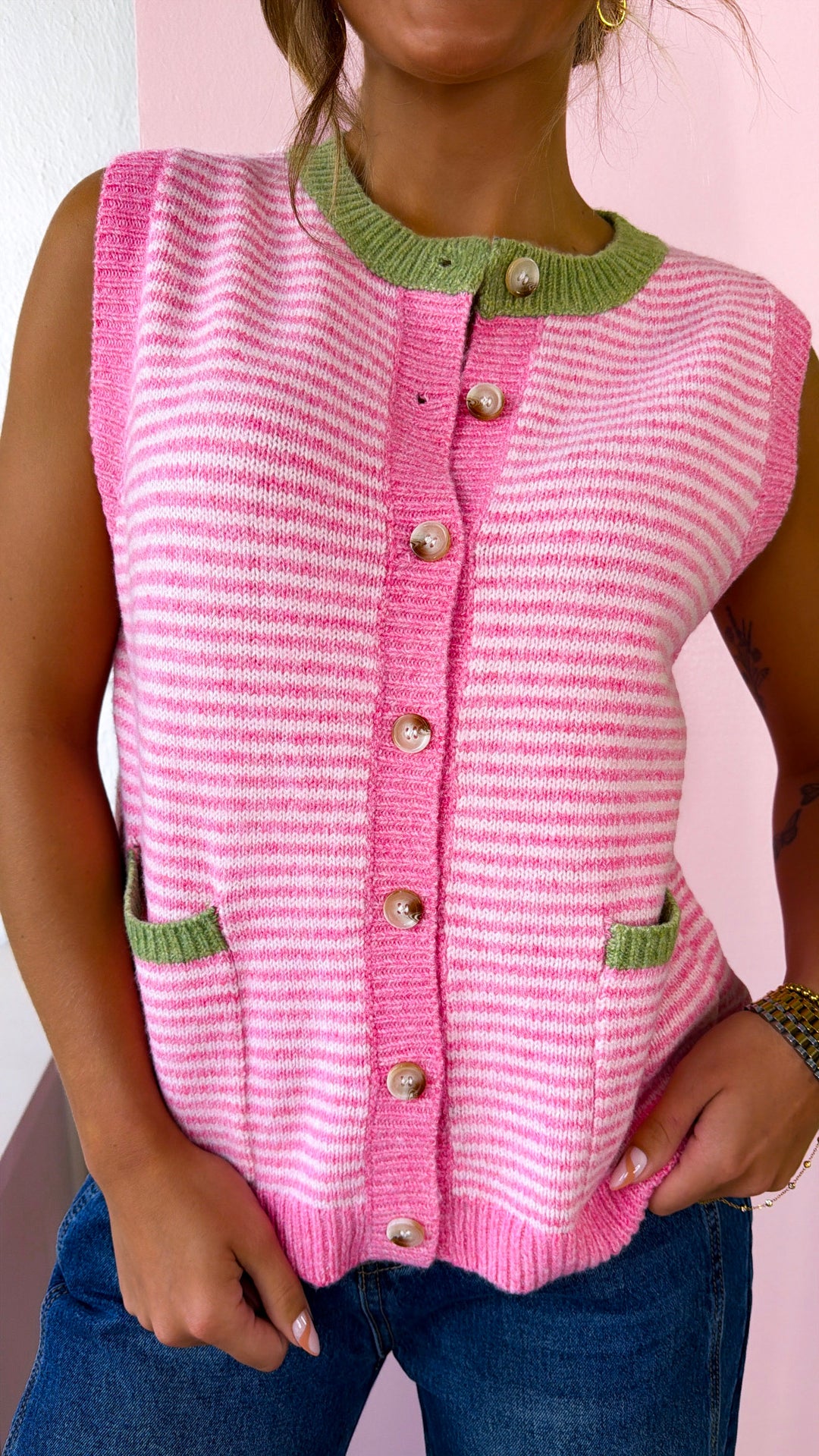 Pink Sugar Knit Sweater Tank, Pink/ Blush/ Lime