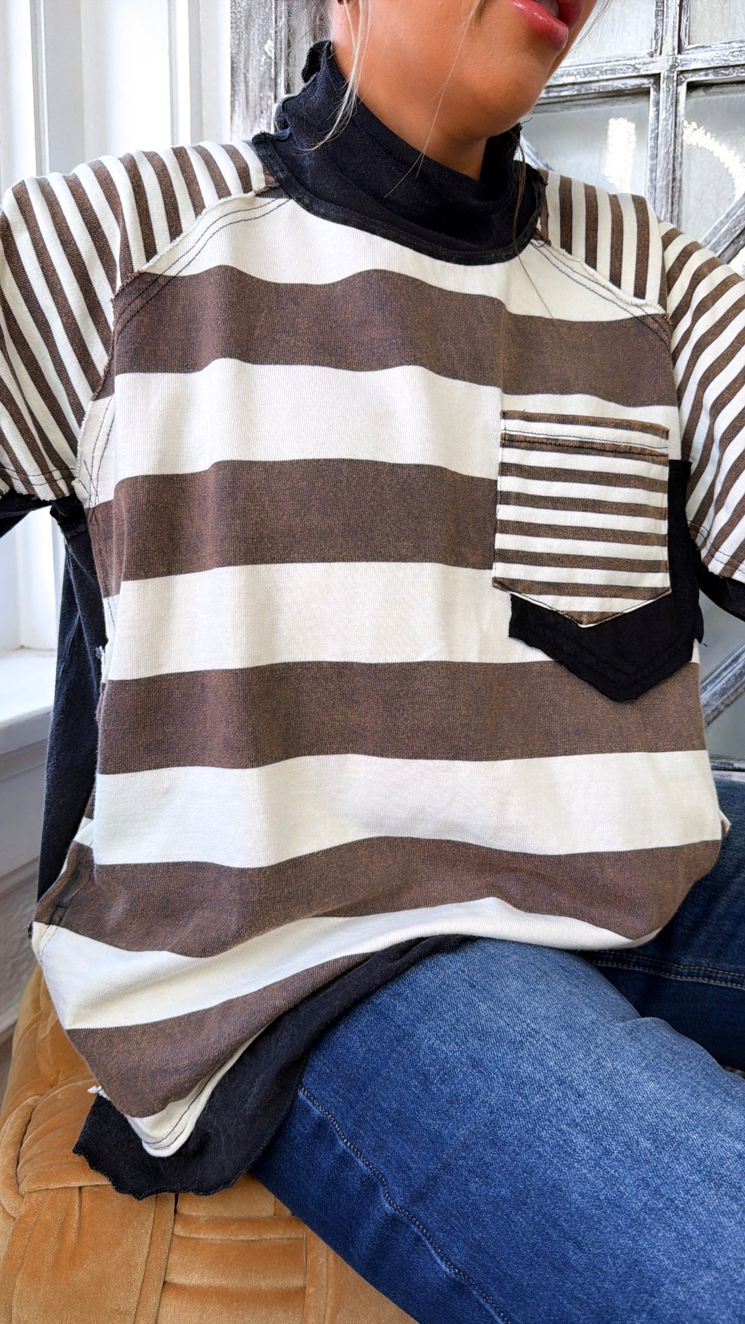 Stripe Pocket Mock Neck, Black/Cream