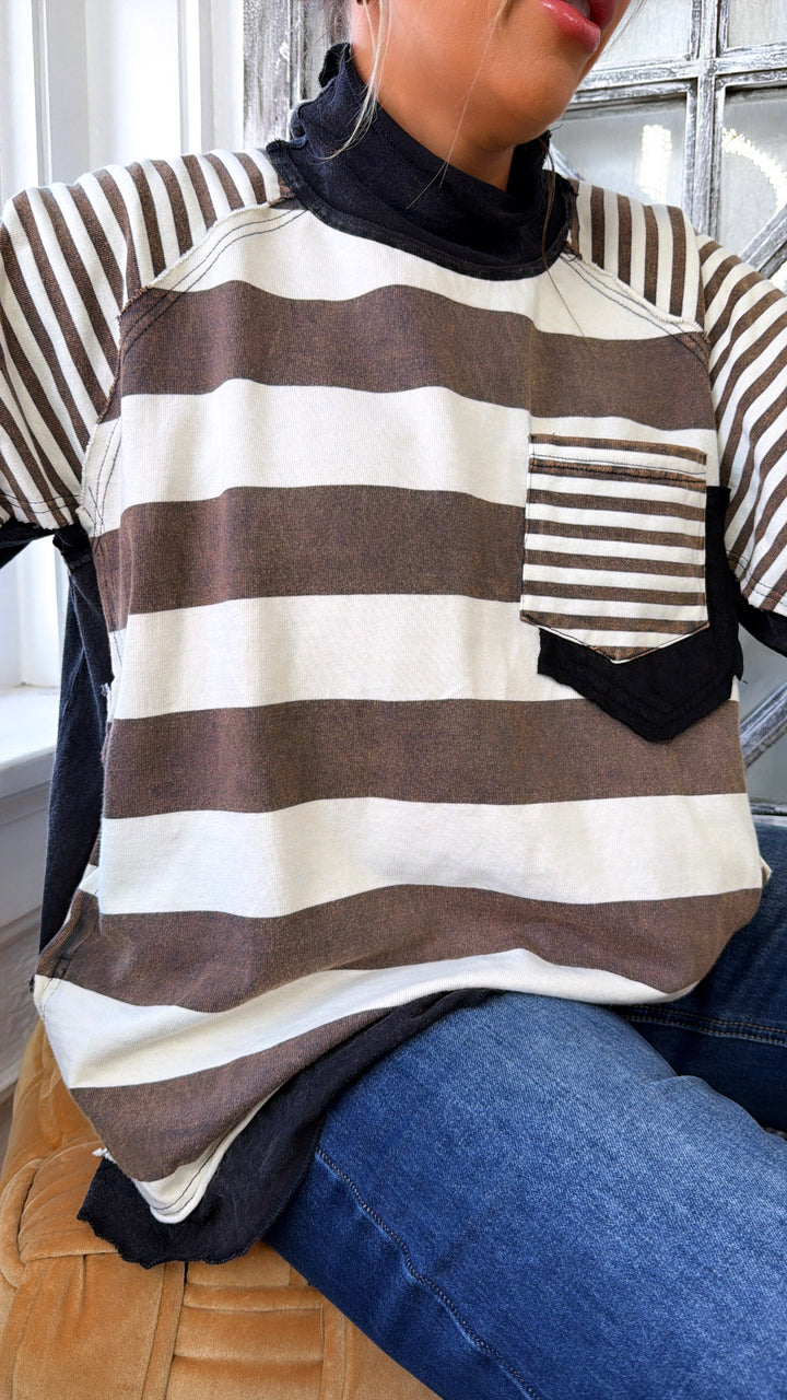 Stripe Pocket Mock Neck, Black/Cream