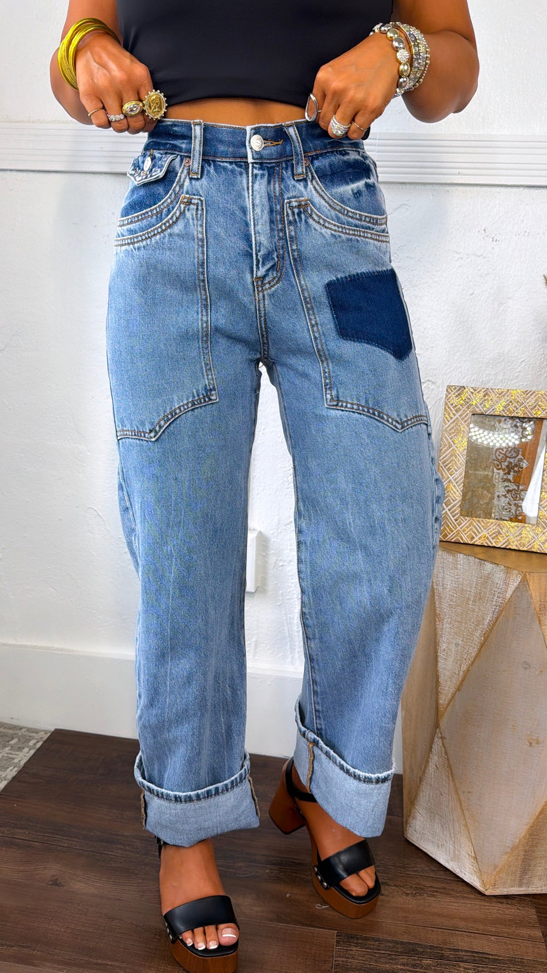 Xander High Rise Patched Pocket Jeans