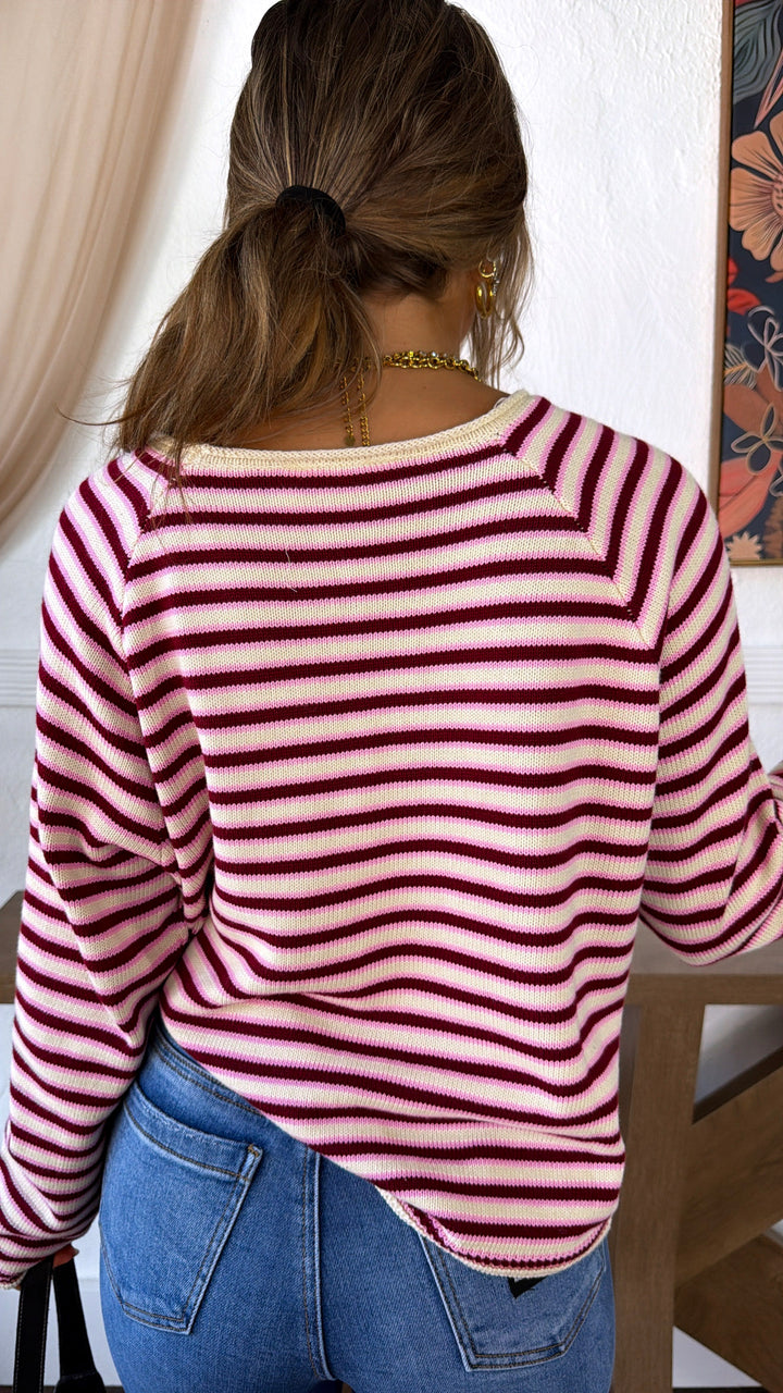 Dakota Stripe Sweater, Burgundy/Pink
