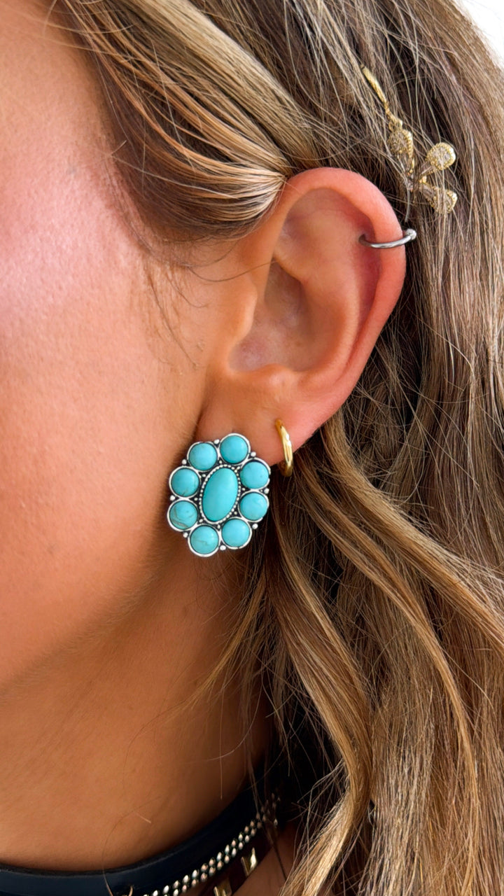 Metal Tone Flower Earring, Turquoise