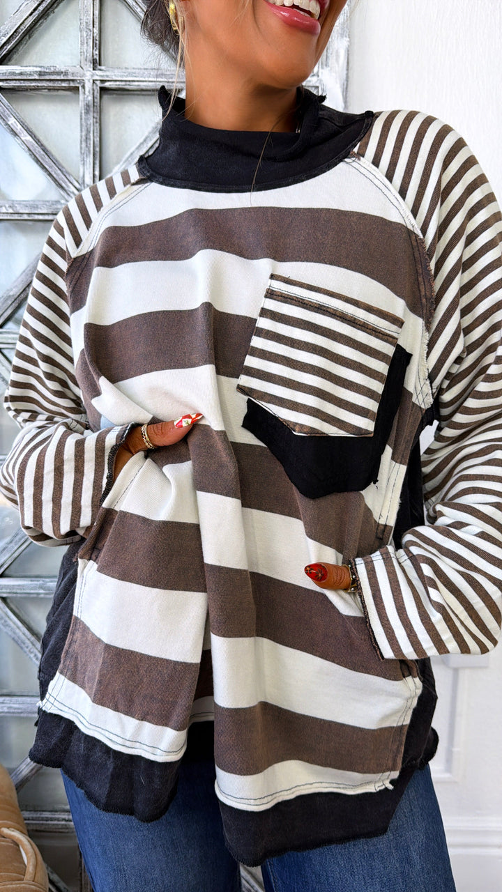 Stripe Pocket Mock Neck, Black/Cream
