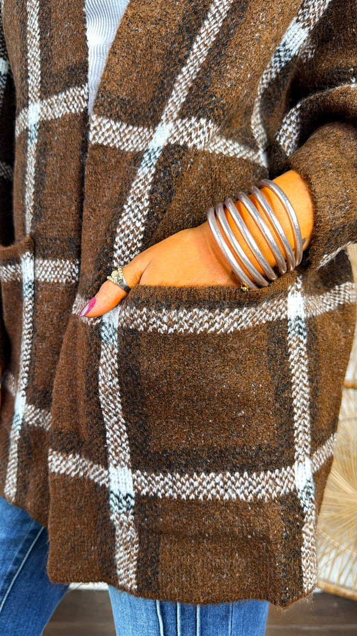 Flannel Print Cardigan, Brown Multi