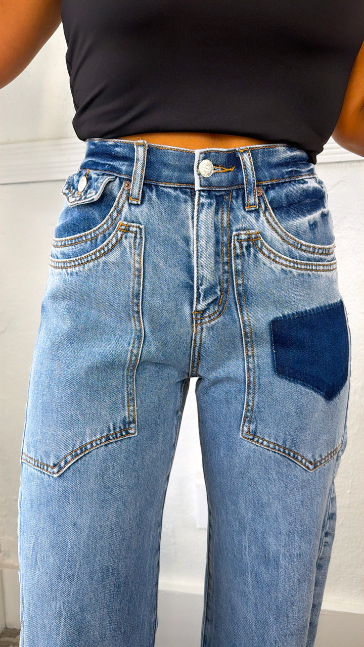 Xander High Rise Patched Pocket Jeans