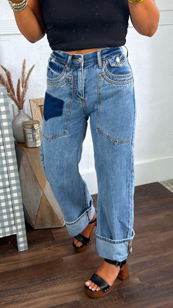 Xander High Rise Patched Pocket Jeans