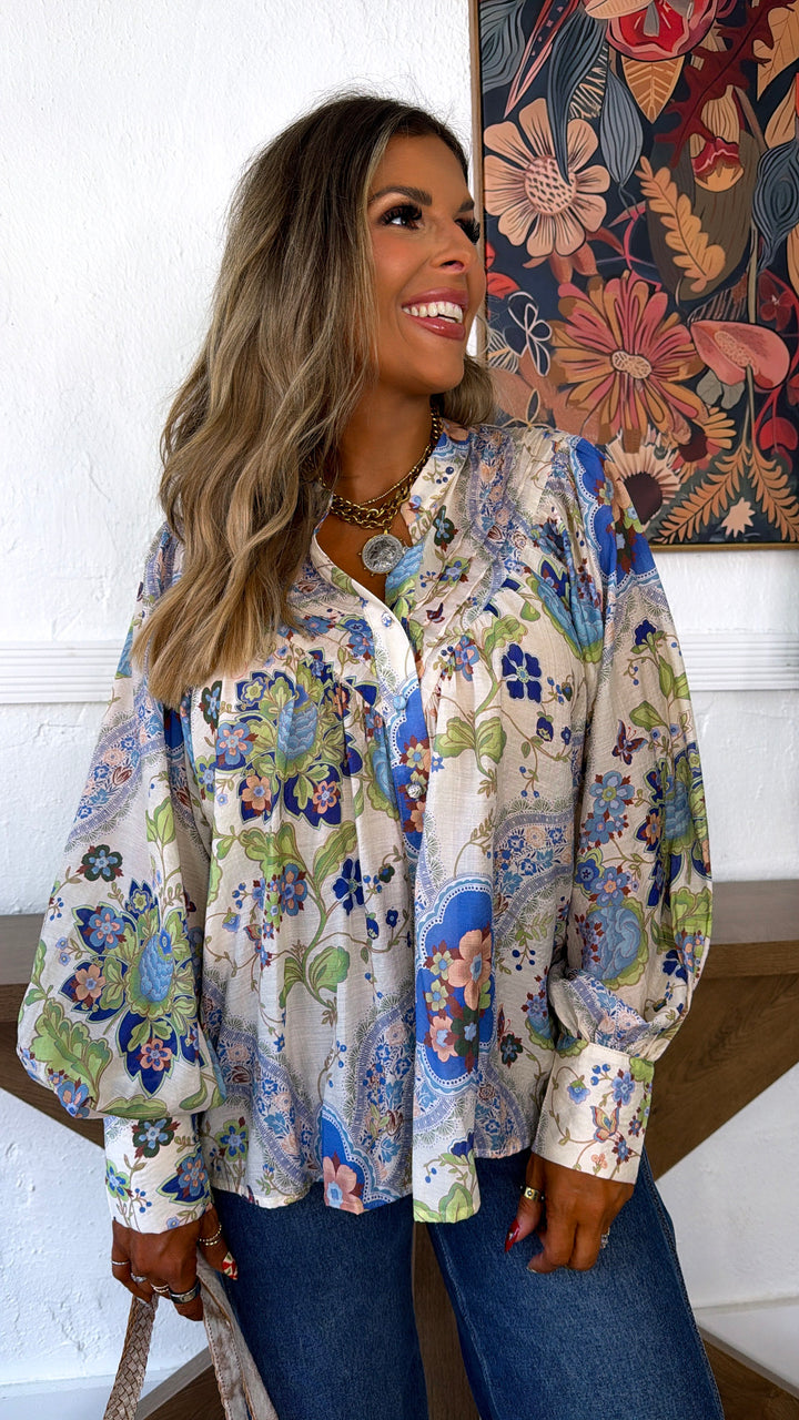 Golden Coast Paisley Blouse, Royal Blue