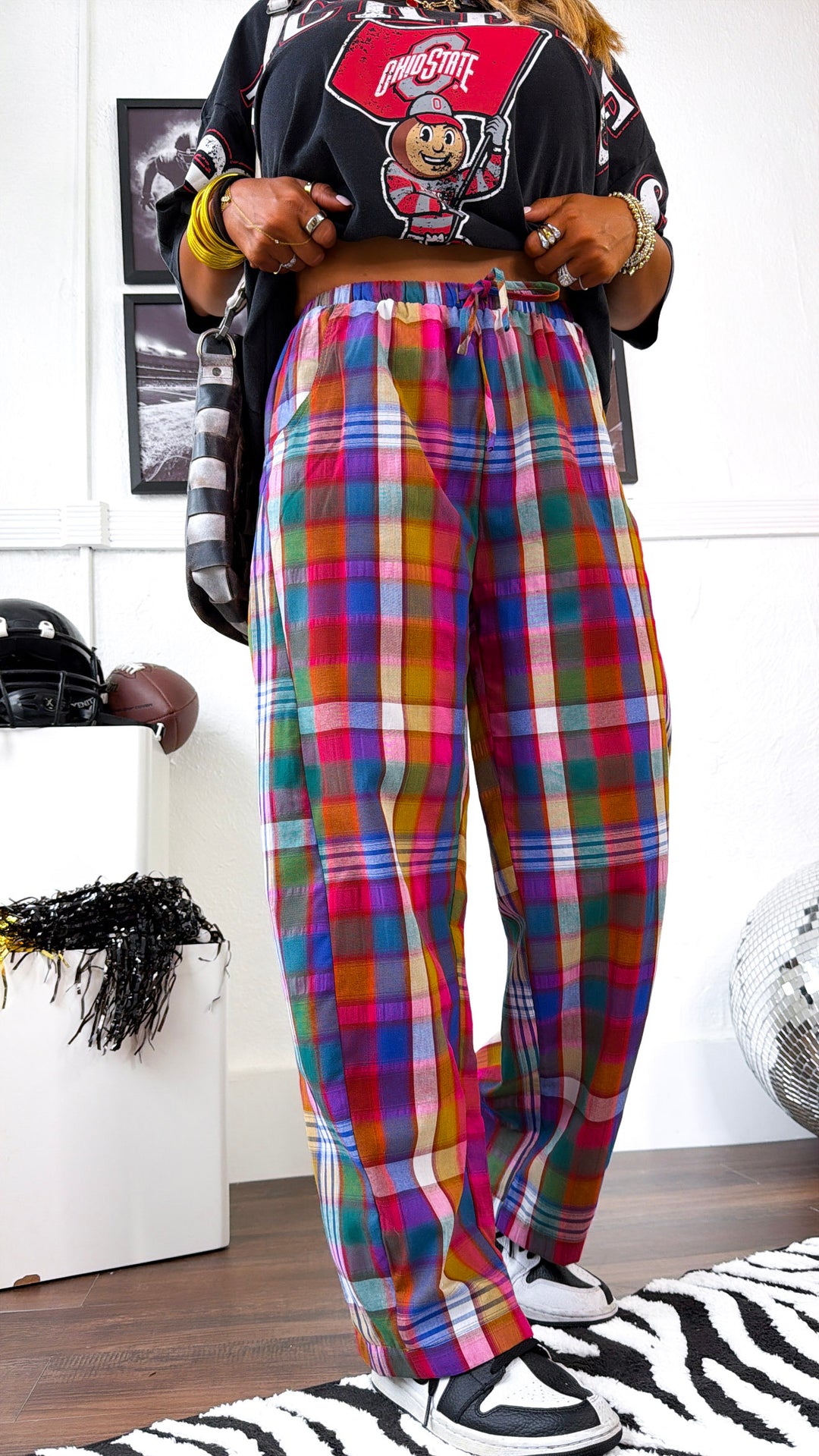 Plaid Relaxed Fit Pants, Pink/Navy Plaid