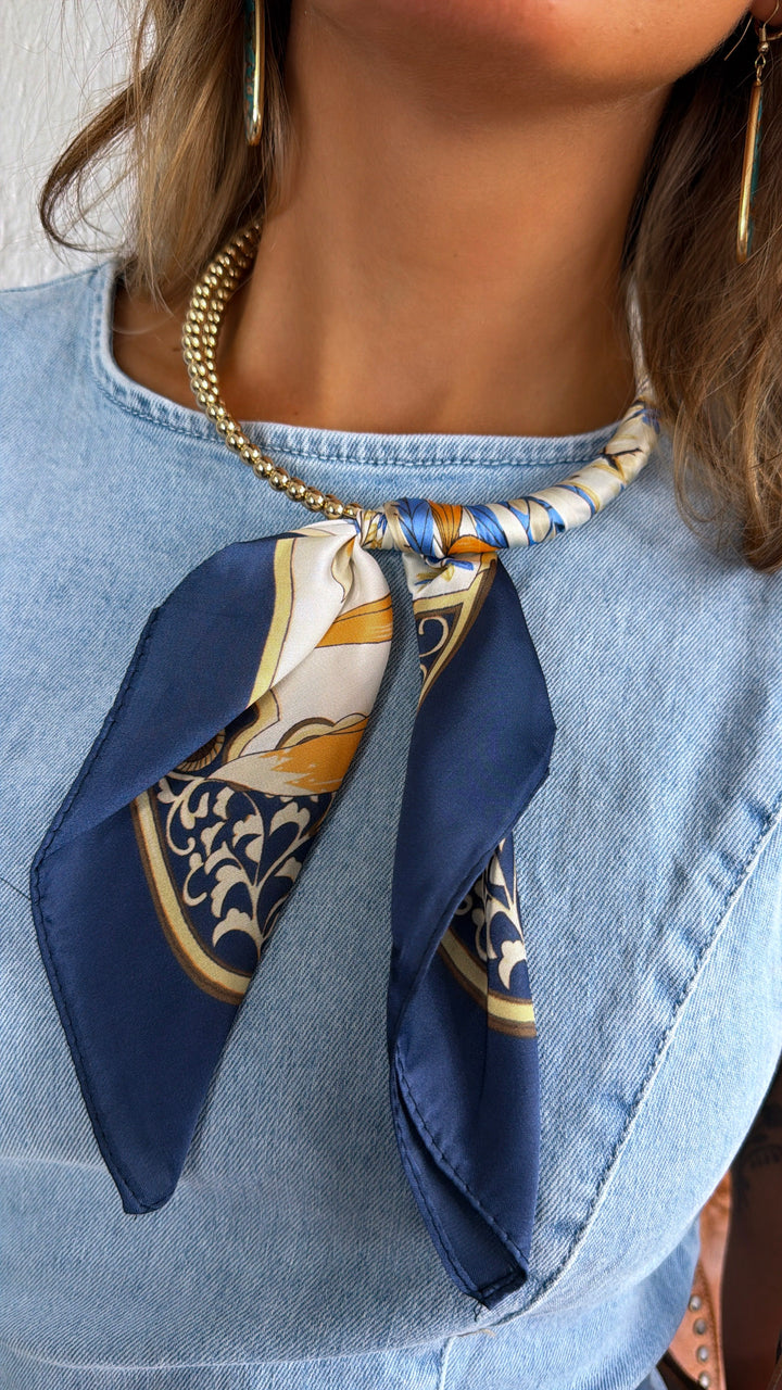 Half Bandana Necklace, Navy Multi/Gold
