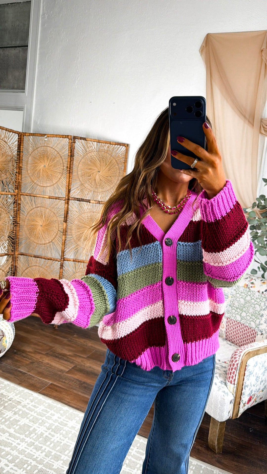 Easy Springs Knit Cardigan, Pink Multi