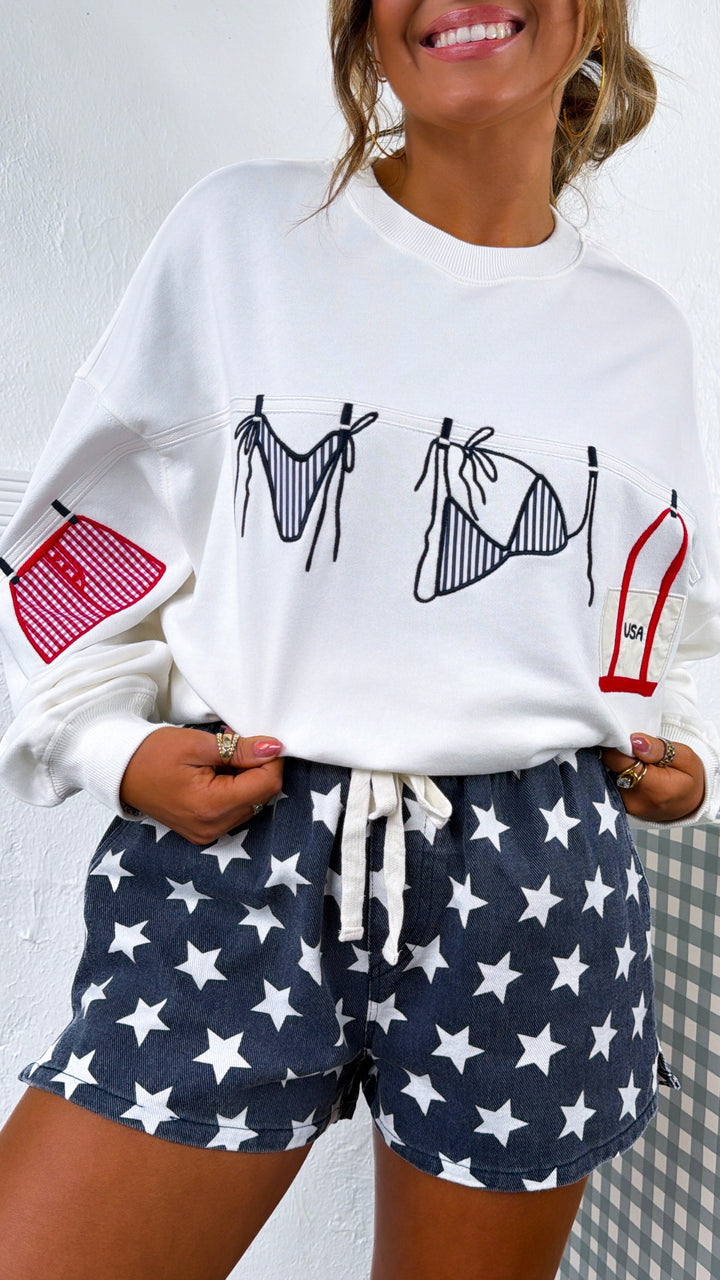 Shooting Star Denim Shorts, Navy/White