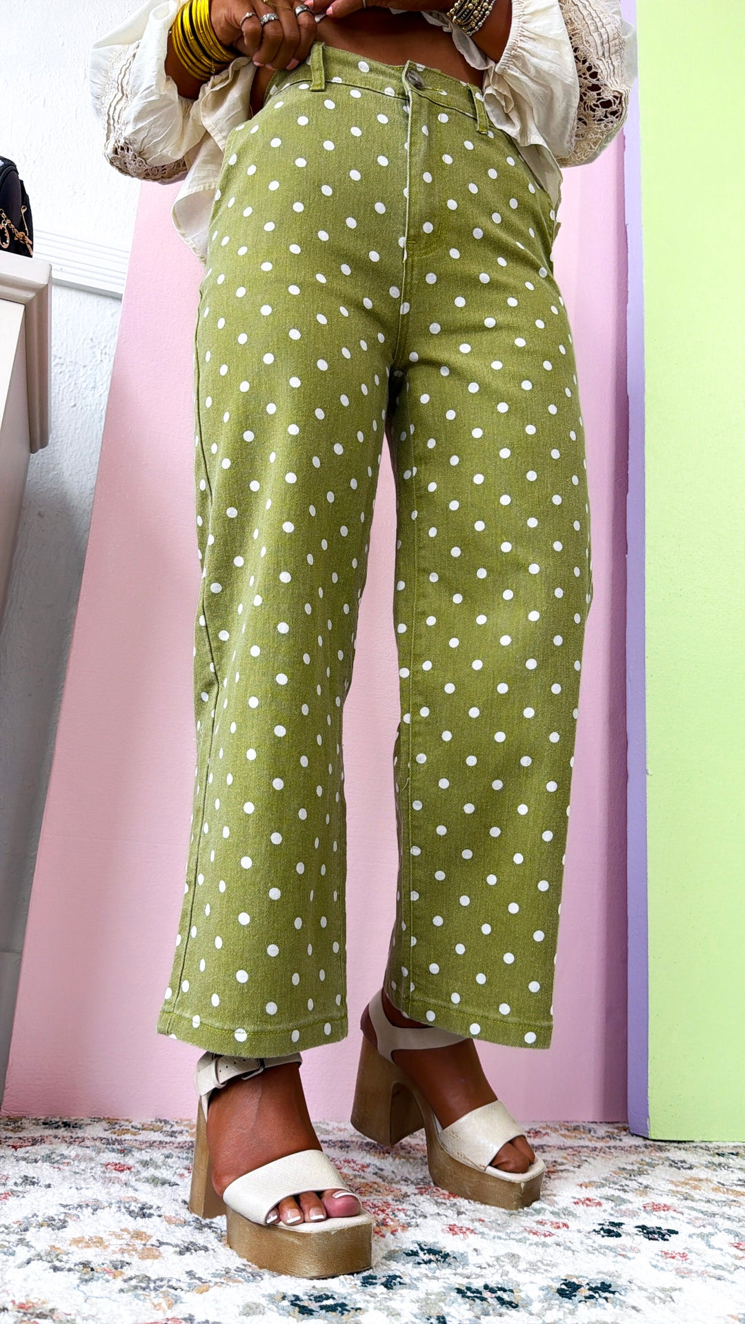 Rosemont Polka Dot Pants, Chartreuse/ White