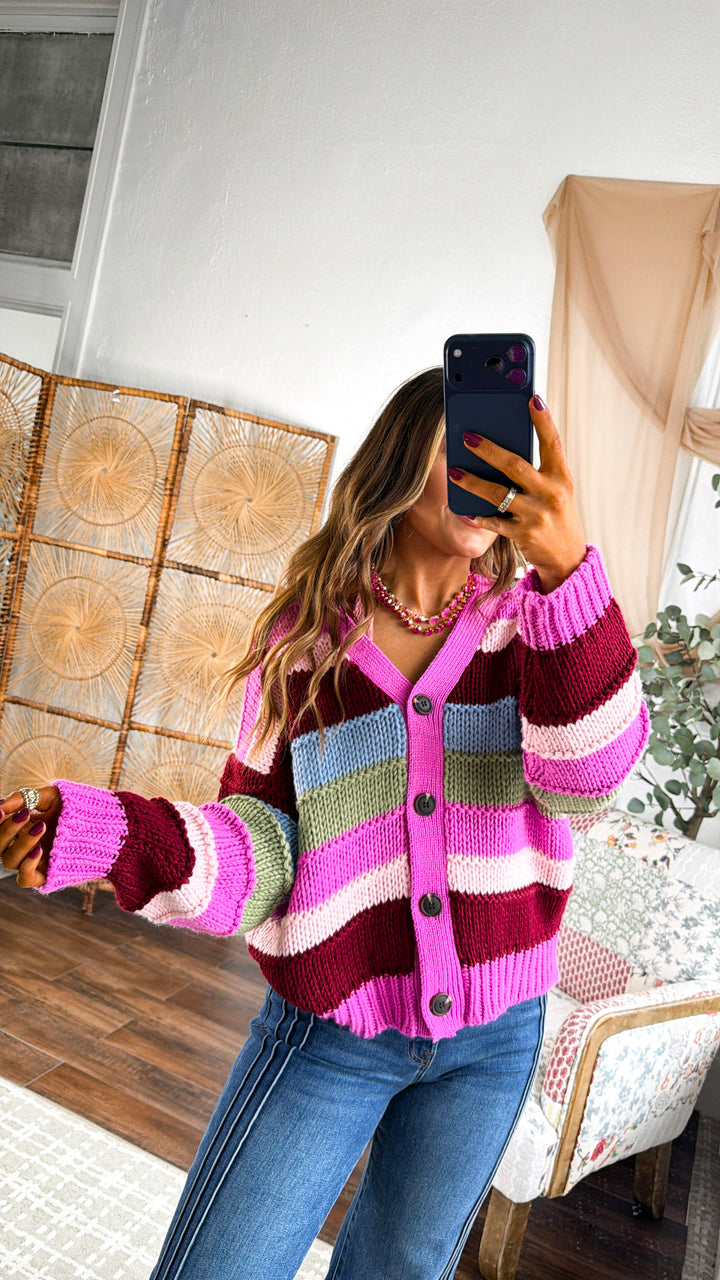Easy Springs Knit Cardigan, Pink Multi