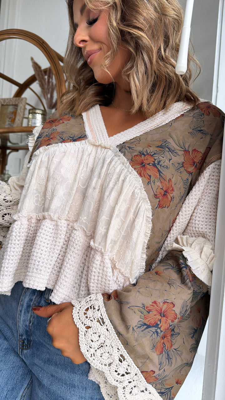 Hibiscus Blooms Patchwork Top, Cream Multi