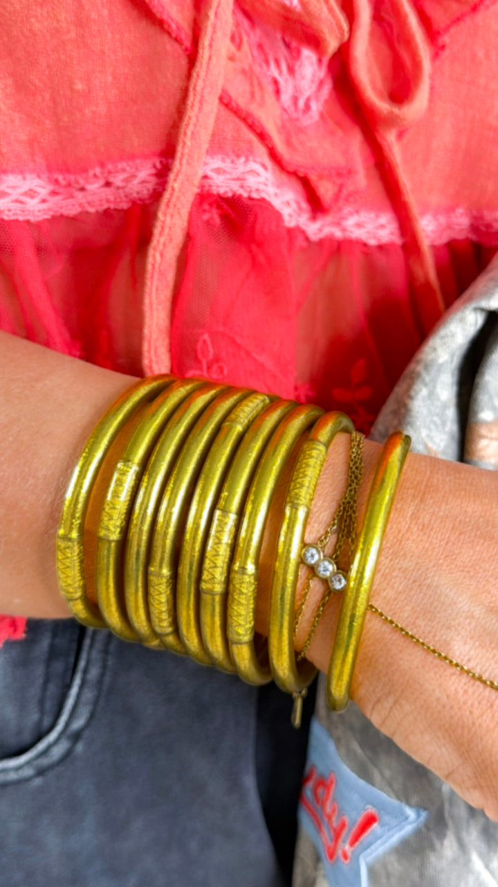 BuDhaGirl: Gold All Weather Bangle (Set of 9)- Serenity Prayer