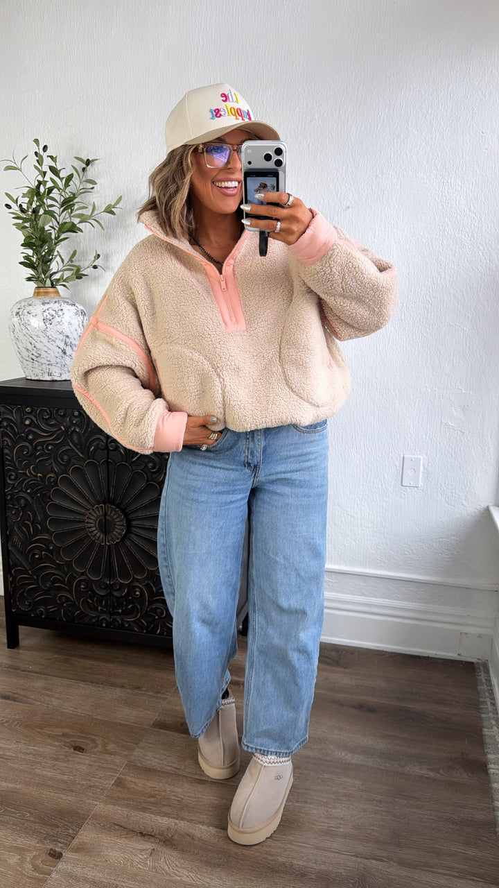 The Summit Quarter Zip Sherpa, Taupe/Coral