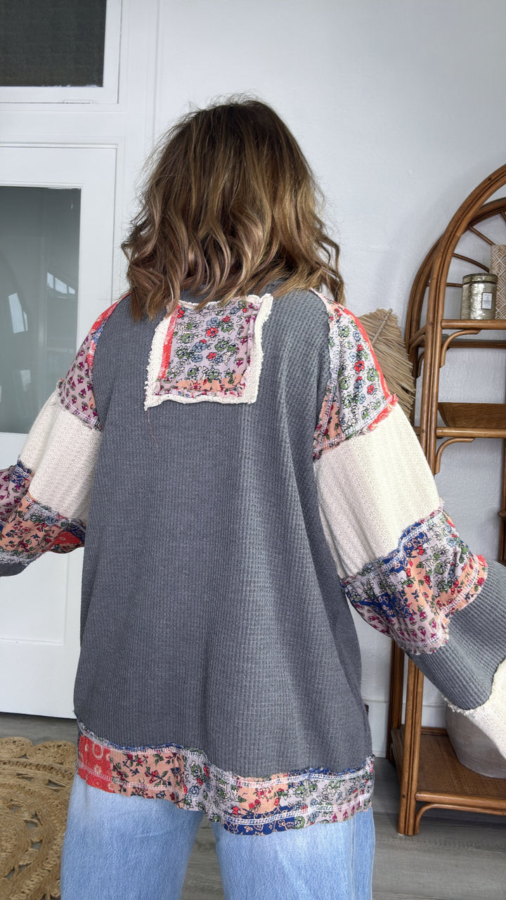 Patched Peace Top, Charcoal