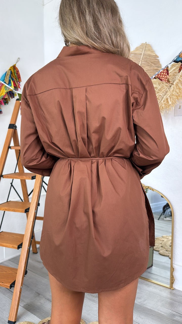 Martini Hour Button Down Romper Dress, Brown