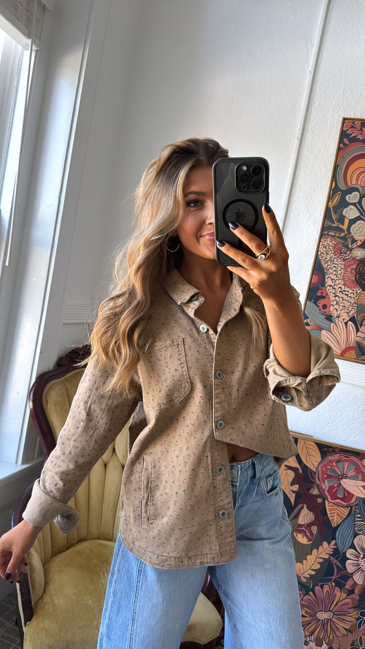 Pretty Petals Floral Print Denim Jacket, Mocha