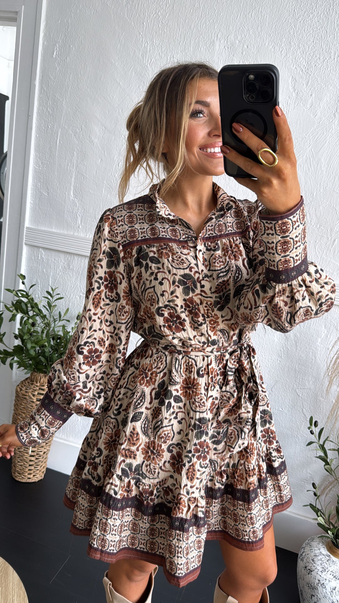 Bluewood Bloom Mini Dress, Cream/Brown