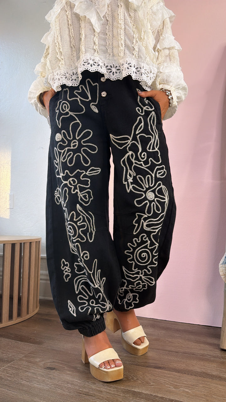 For The Love Of Floral Embroidered Denim Jogger, Black