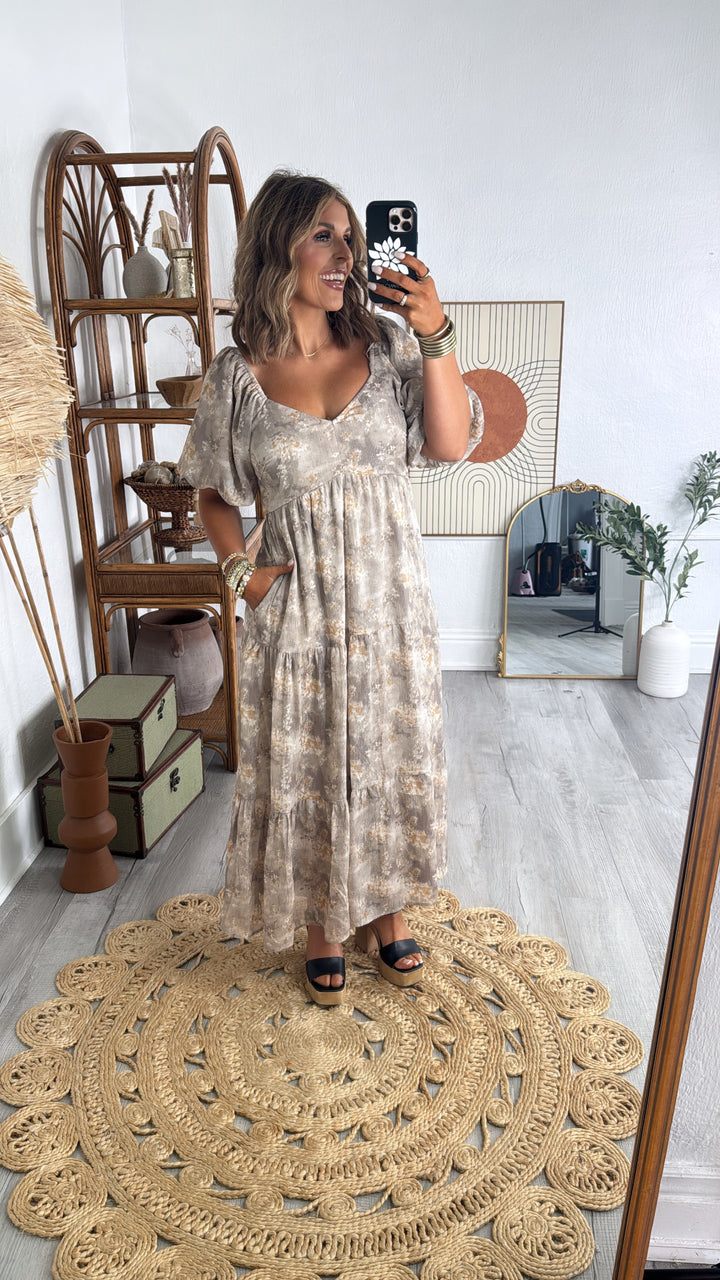 Granite Hues Whimsical Bubble Sleeve Maxi Dress, Taupe