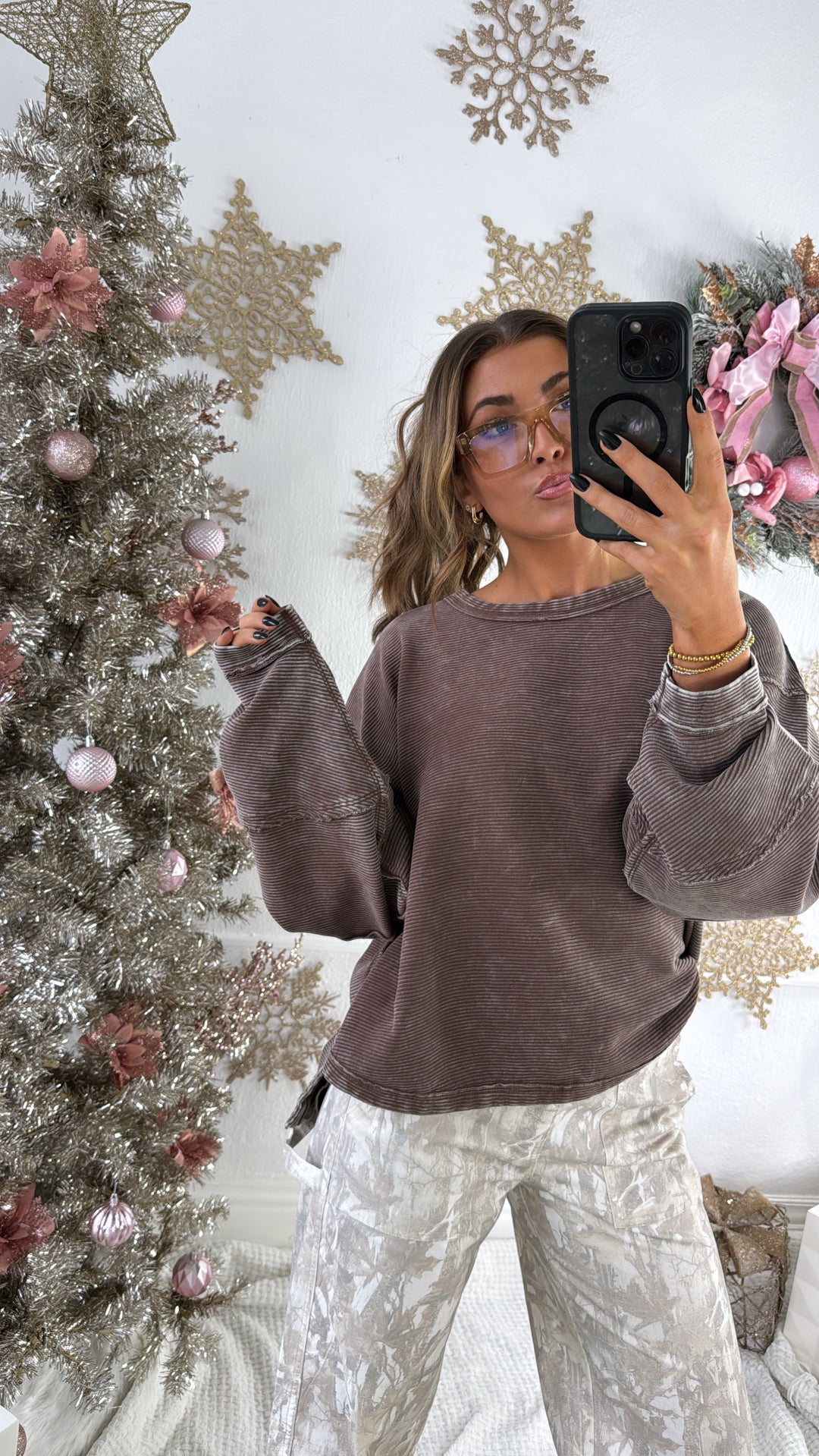 DOORBUSTER: Acid Washed Ribbed Cropped Pullover, Brown