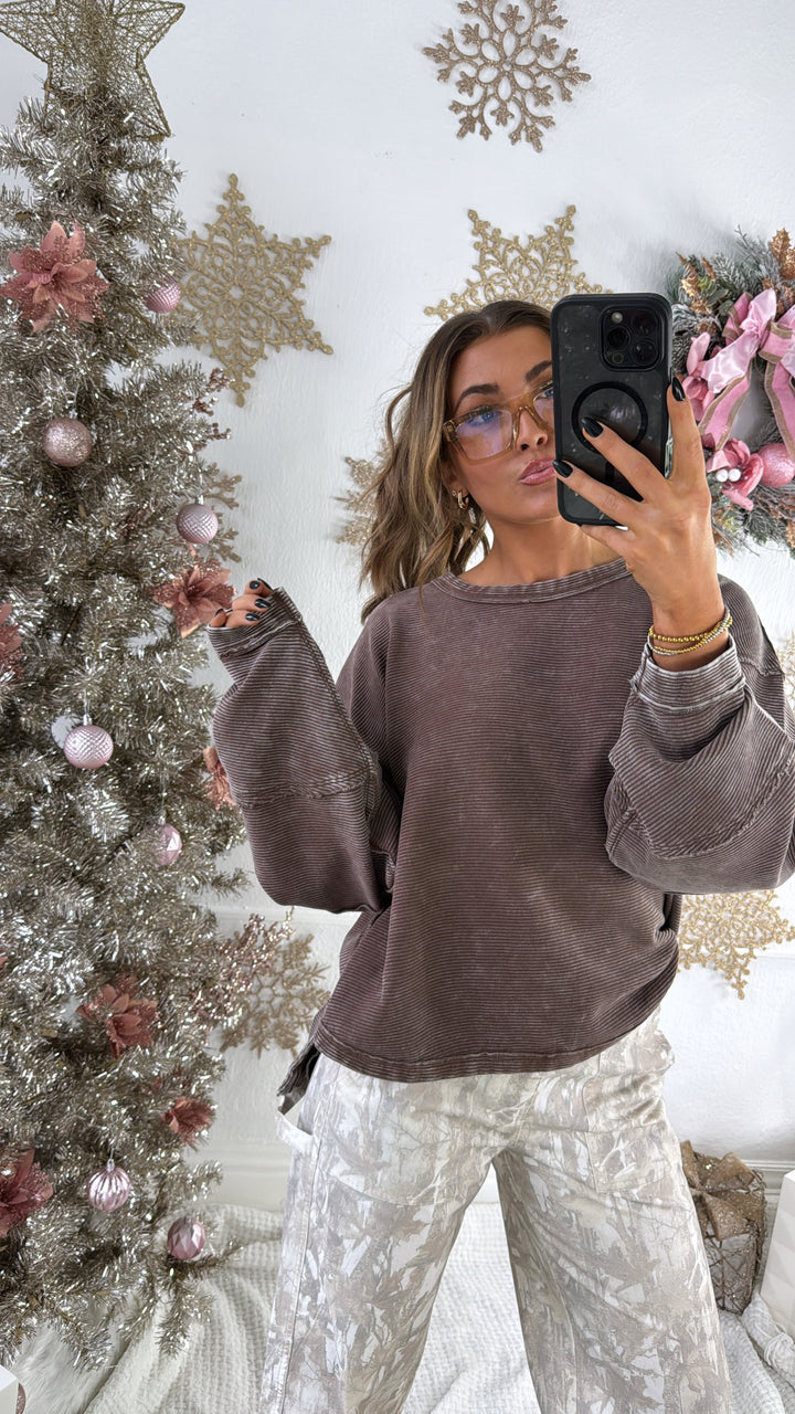 DOORBUSTER: Acid Washed Ribbed Cropped Pullover, Brown