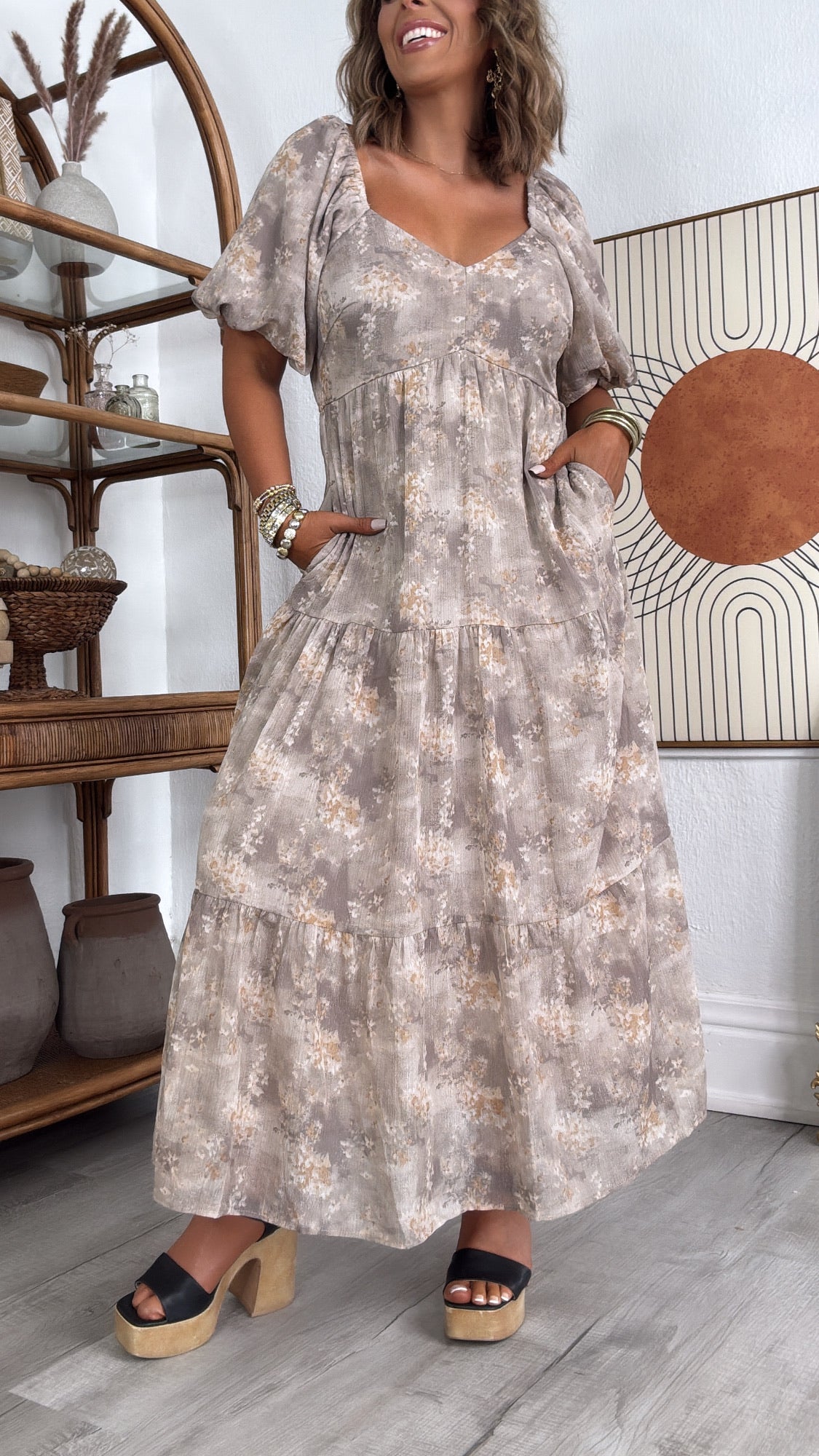 Granite Hues Whimsical Bubble Sleeve Maxi Dress, Taupe – Everyday