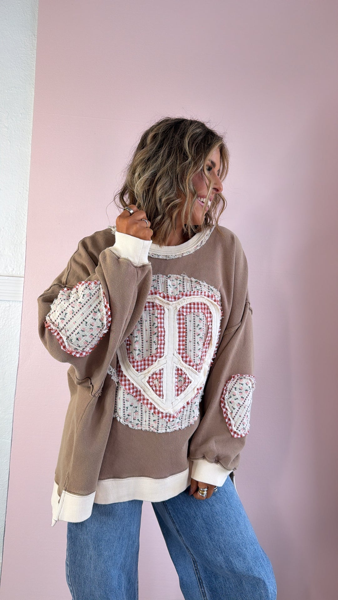 Heart In Peace Patchwork Top, Mocha